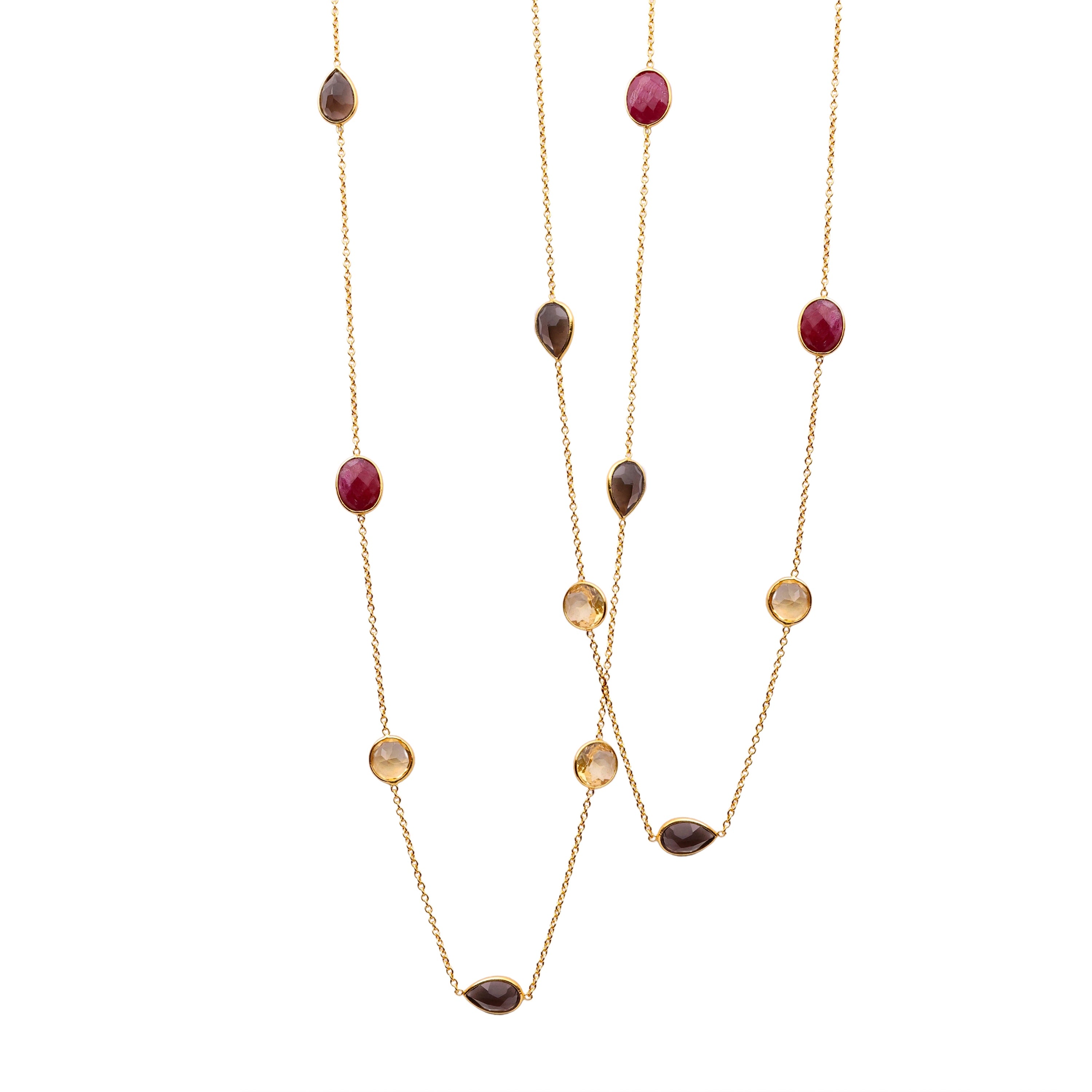 Necklace in Citrine, Ruby & Smoky Quartz