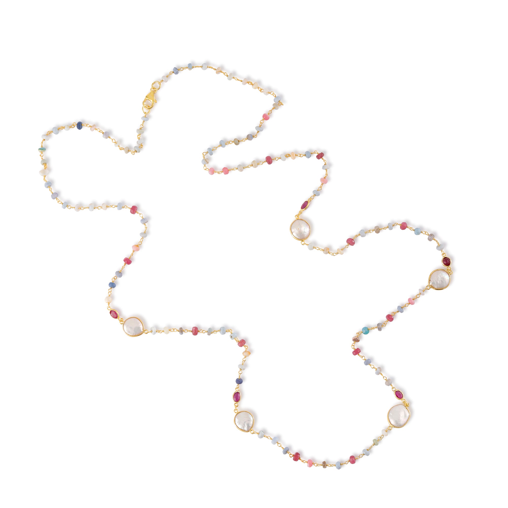 Necklace in Opal, Ruby, Sapphire, Emerald & Pearl in Pink Opal, gold plated, handcrafted gemstone necklace Singapore