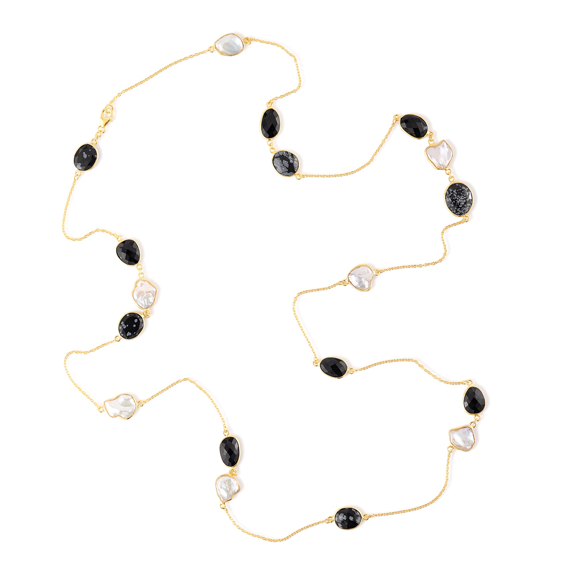 Necklace in Black Onyx, Obsidian & Coin Pearl in Black Onyx, gold plated, handcrafted gemstone necklace Singapore