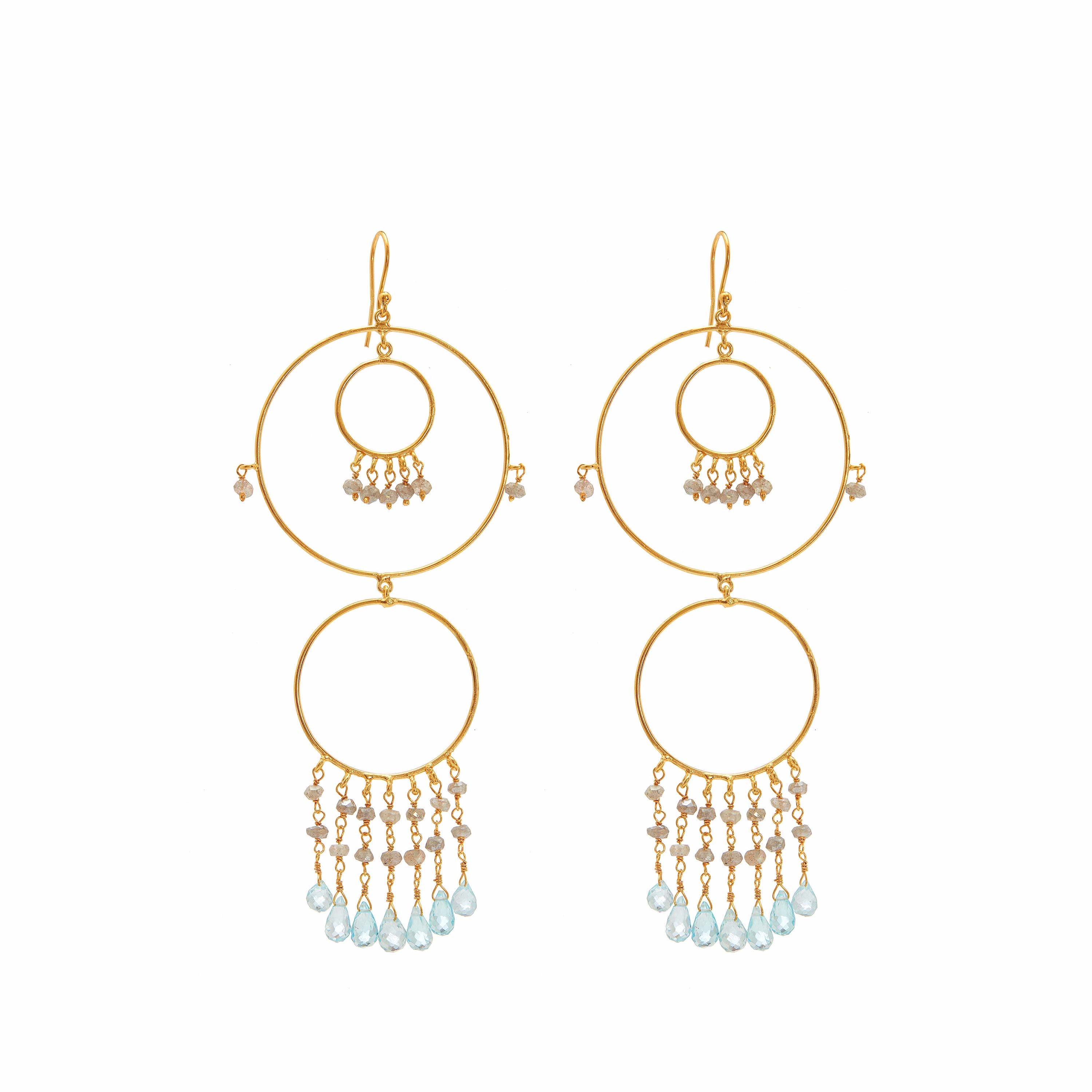 Begum Circles in Blue Topaz and Labradorite in Blue Topaz, gold plated, handcrafted gemstone earrings Singapore