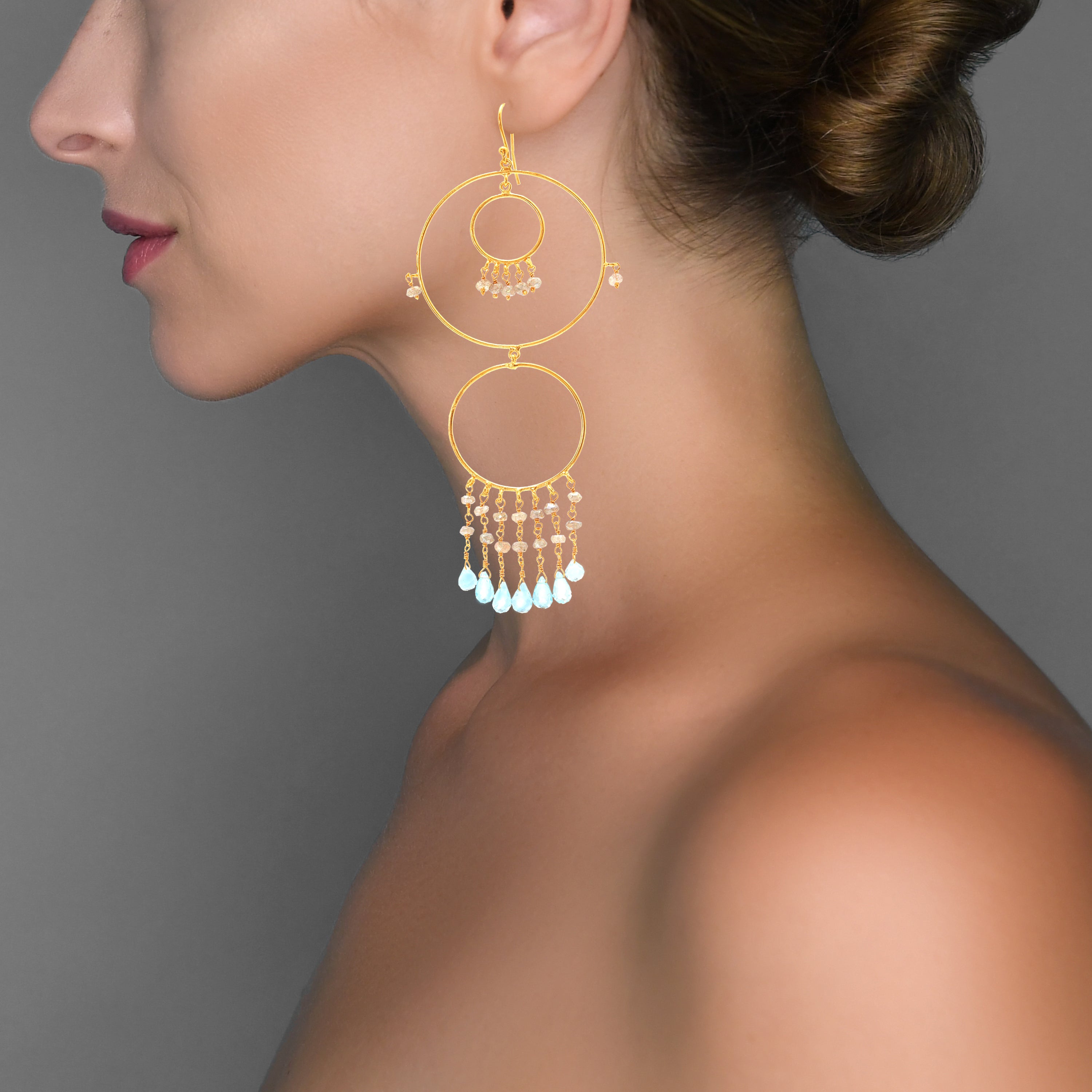 Begum Circles in Blue Topaz and Labradorite in Blue Topaz, gold plated, handcrafted gemstone earrings Singapore