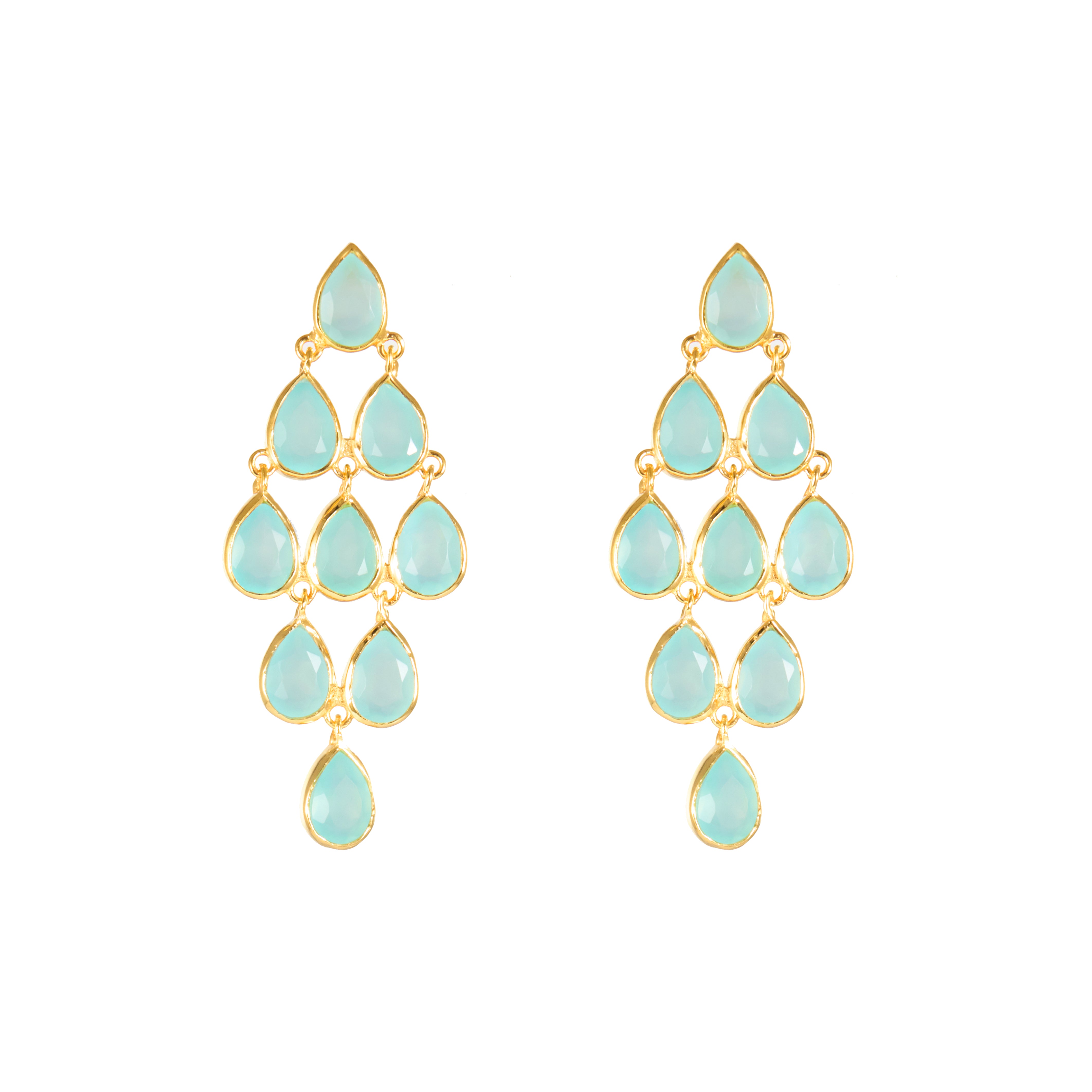 Large Raindrop in Aqua Chalcedony in Aqua Chalcedony, gold plated, handcrafted gemstone earrings Singapore