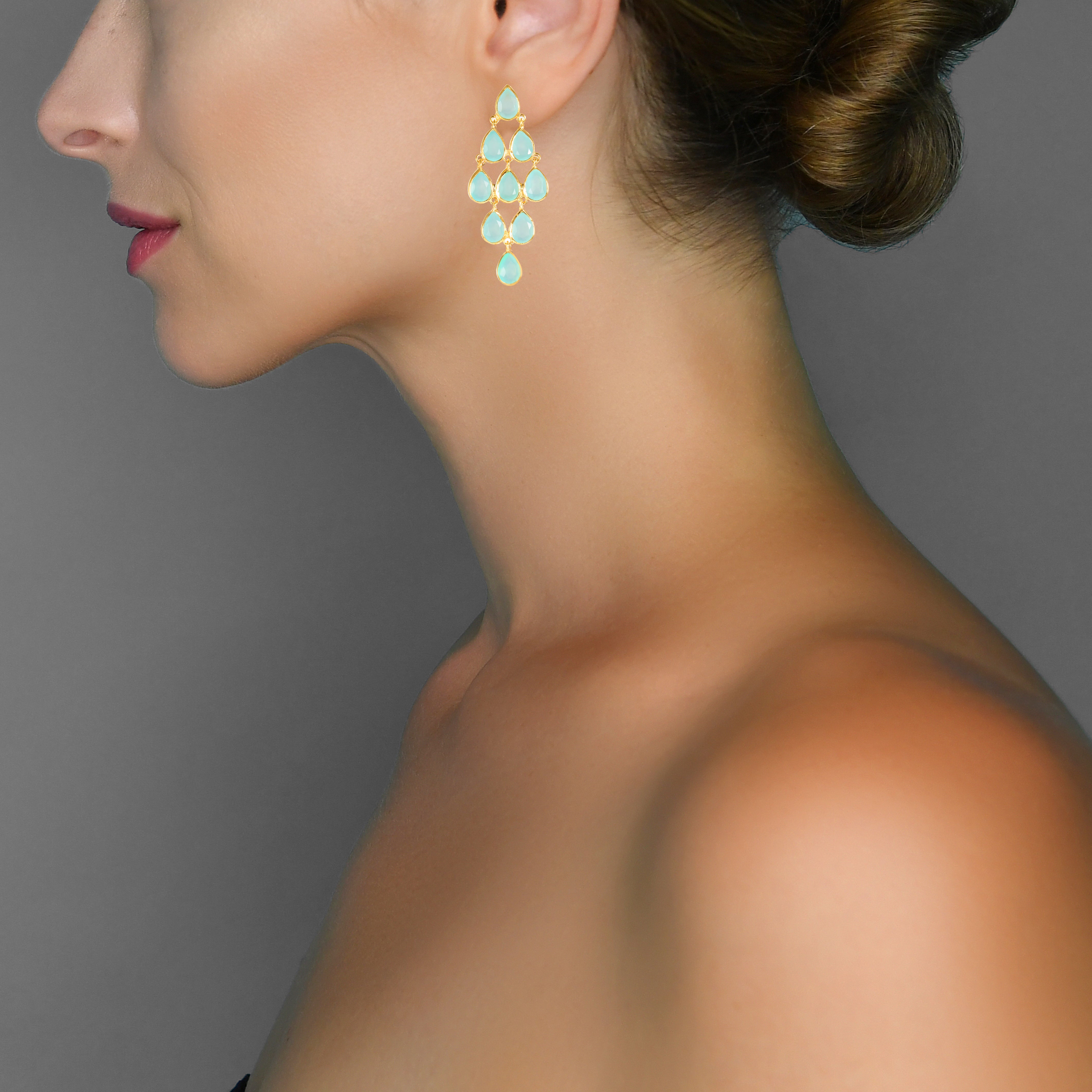 Large Raindrop in Aqua Chalcedony in Aqua Chalcedony, gold plated, handcrafted gemstone earrings Singapore