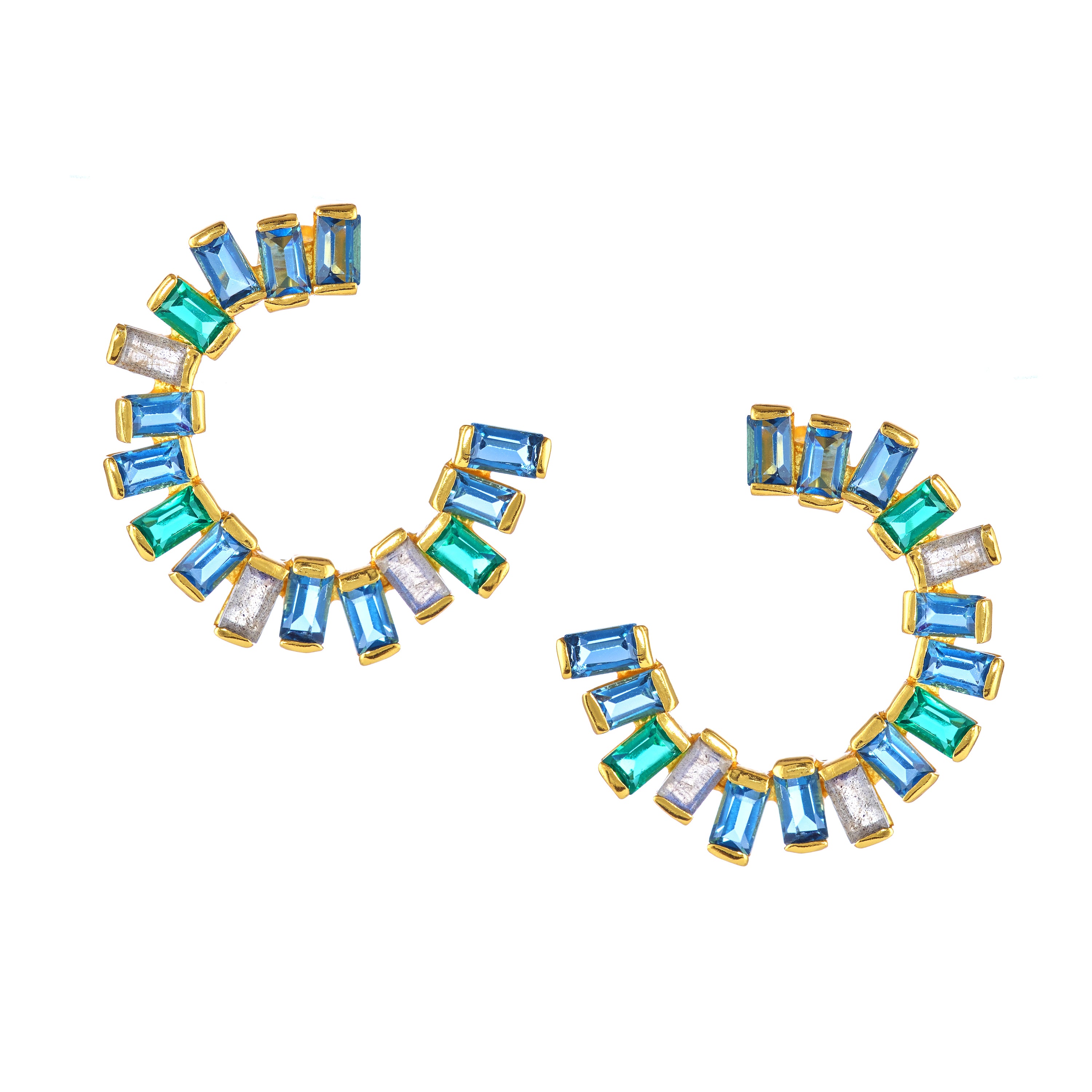 Open Gemstone Hoops in Iolite, Green Tourmaline & Labradorite in Iolite, gold plated, handcrafted gemstone earrings Singapore