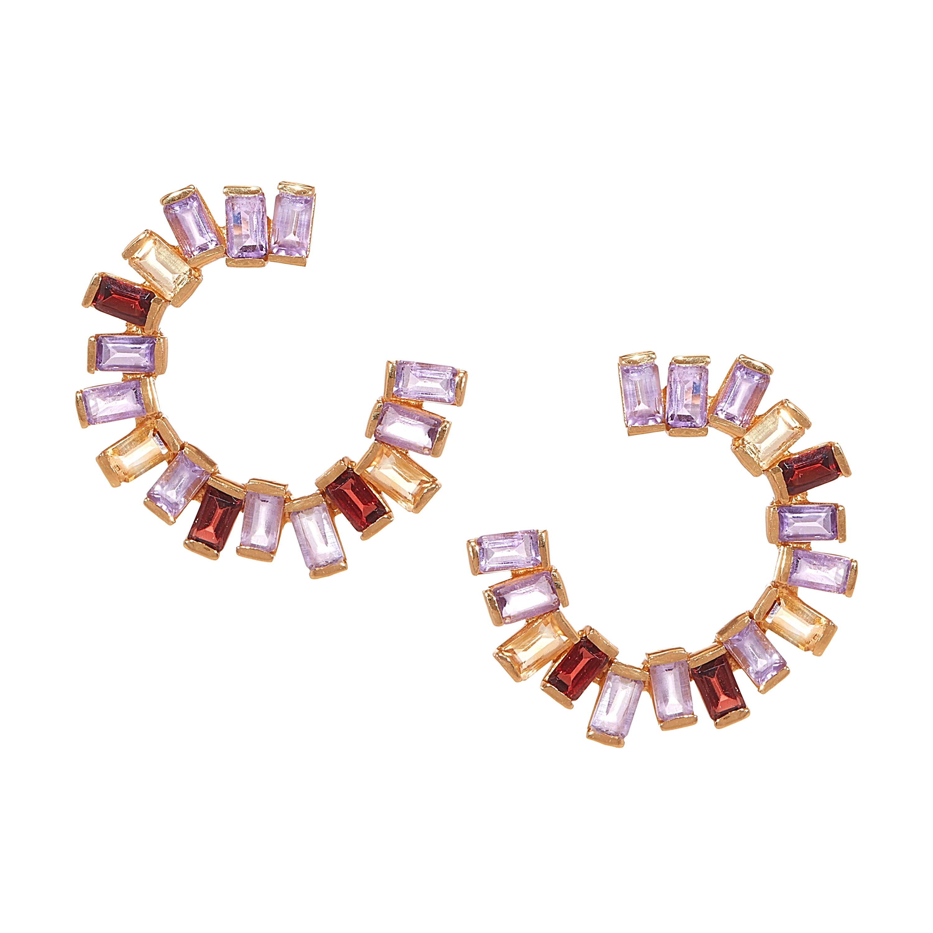 Open Gemstone Hoops in Amethyst, Citrine & Garnet in Amethyst, gold plated, handcrafted gemstone earrings Singapore