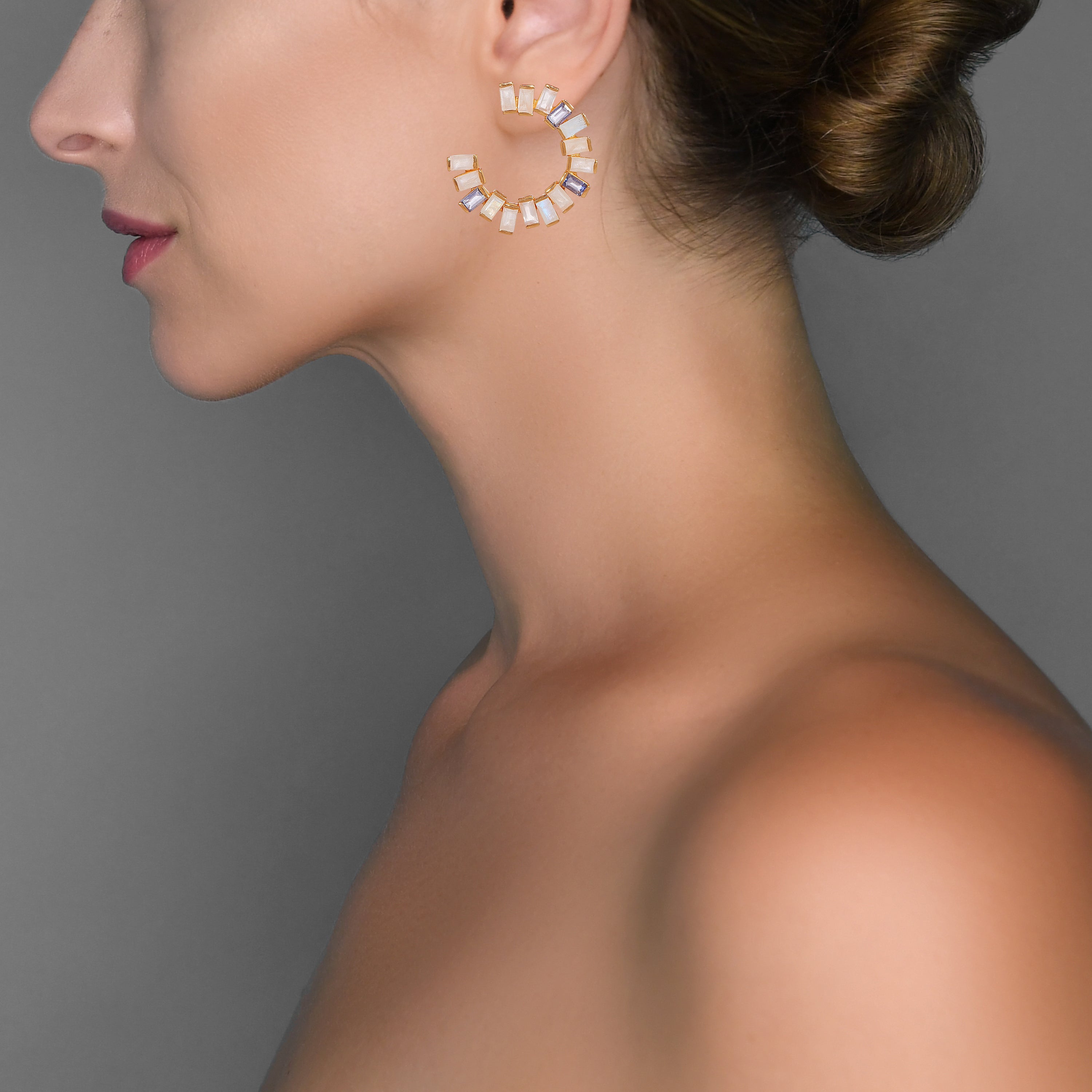 Open Gemstone Hoops in Iolite, Moonstone & Rose Quartz in Iolite, gold plated, handcrafted gemstone earrings Singapore