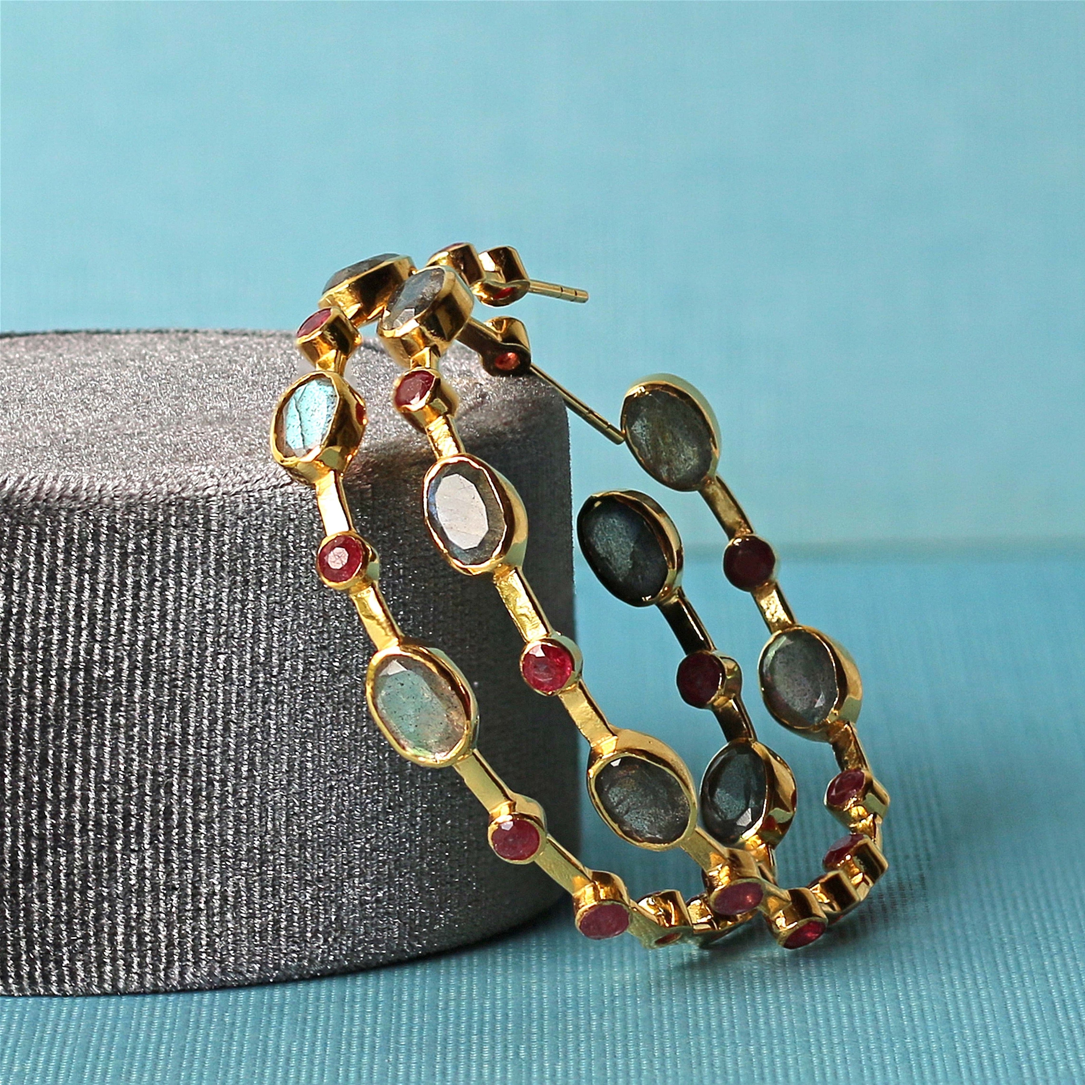 Labradorite and Ruby Hoop Earrings in Labradorite, gold plated, handcrafted gemstone earrings Singapore