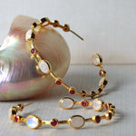 Earrings - Moonstone & Ruby Hoops