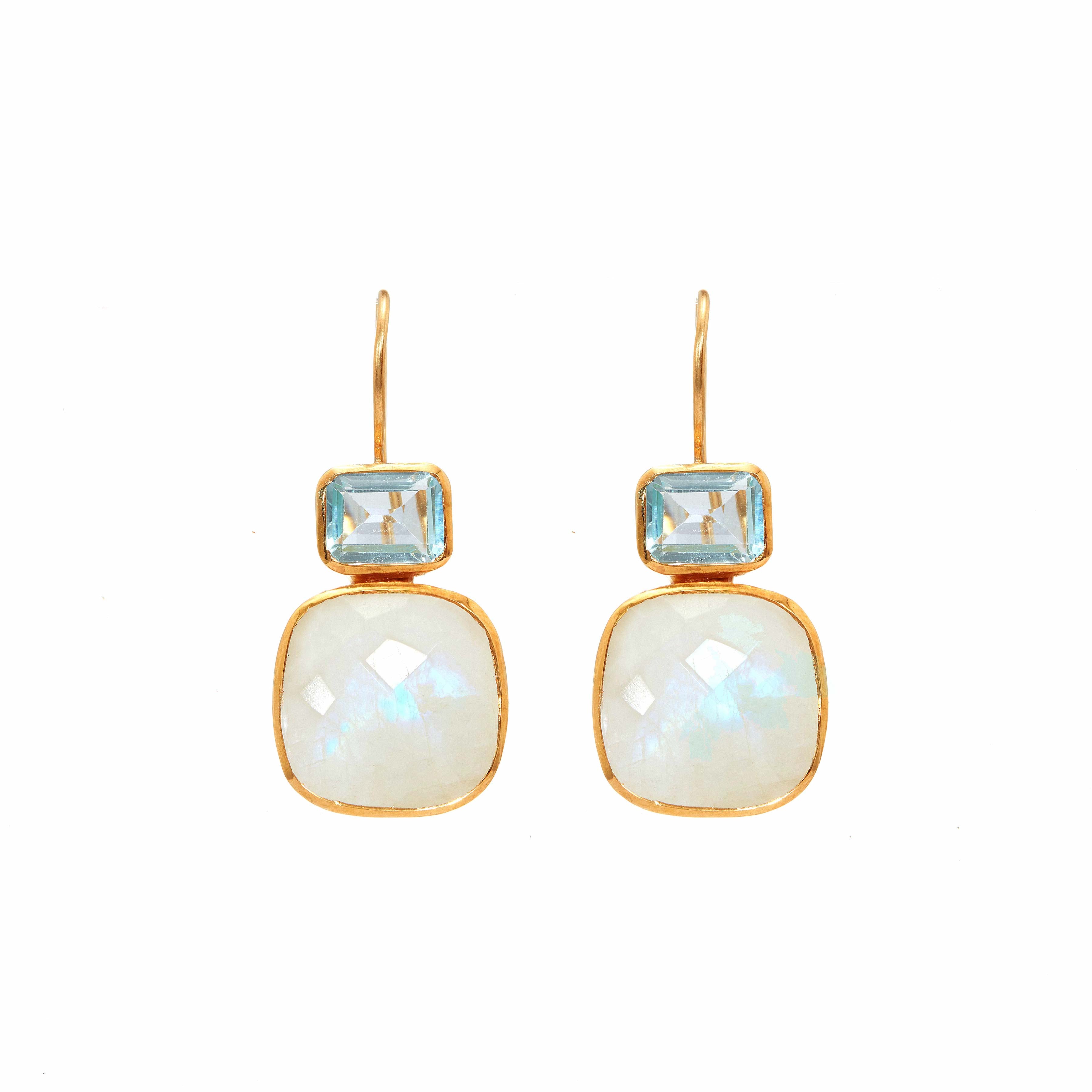 Moonstone and Blue Topaz Drop Earrings in Moonstone, gold plated, handcrafted gemstone earrings Singapore