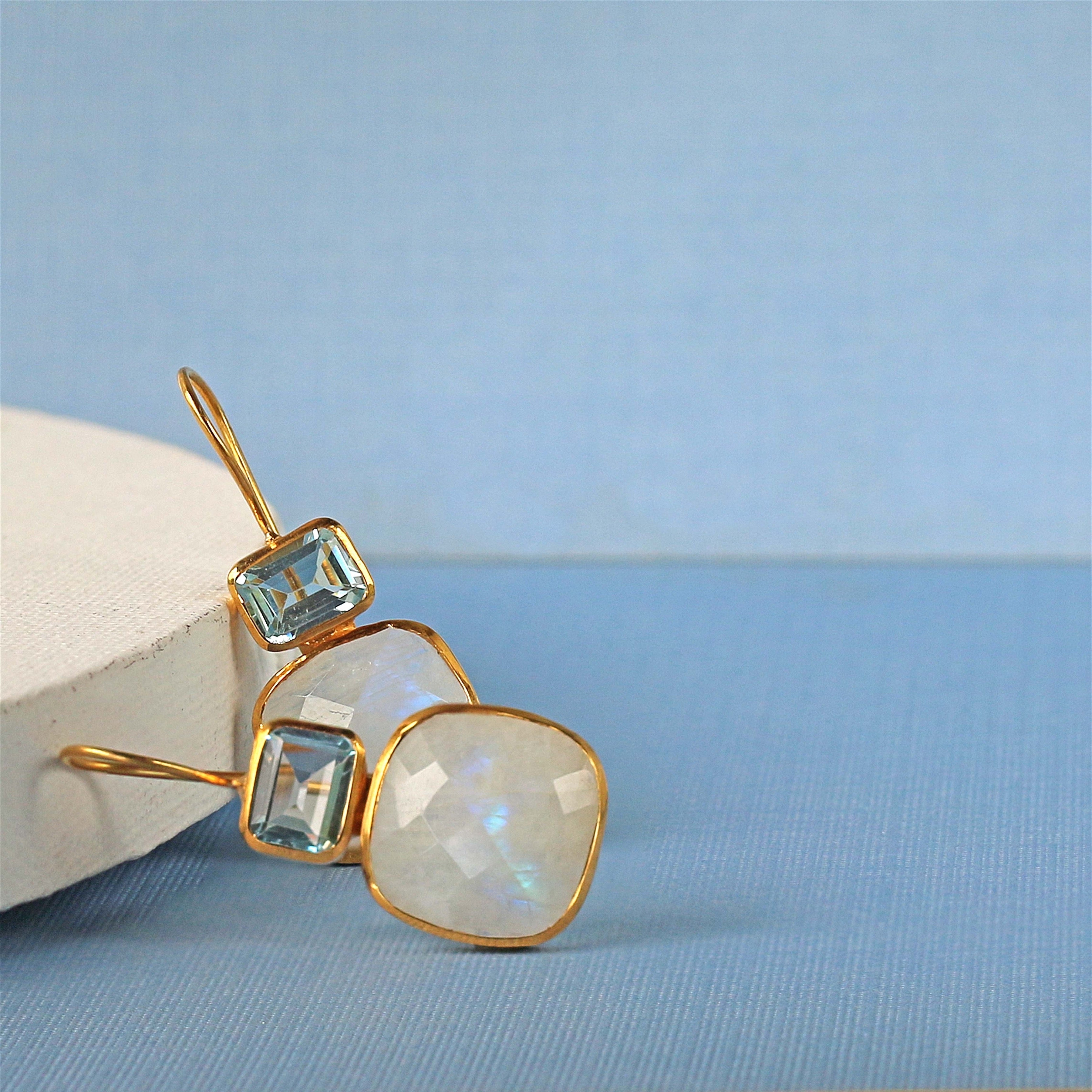 Moonstone and Blue Topaz Drop Earrings in Moonstone, gold plated, handcrafted gemstone earrings Singapore
