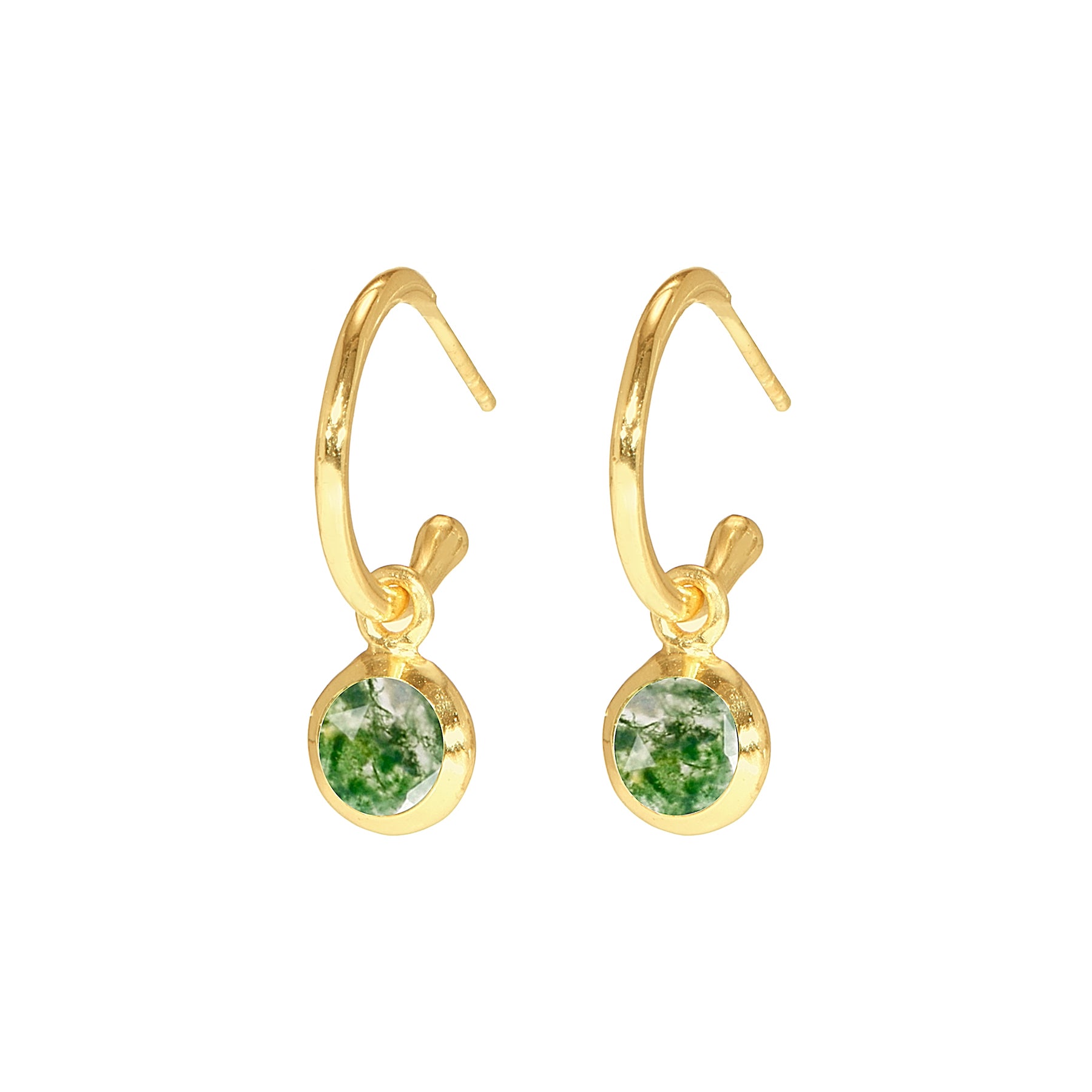 Small gold hoop earrings with green gemstone charms