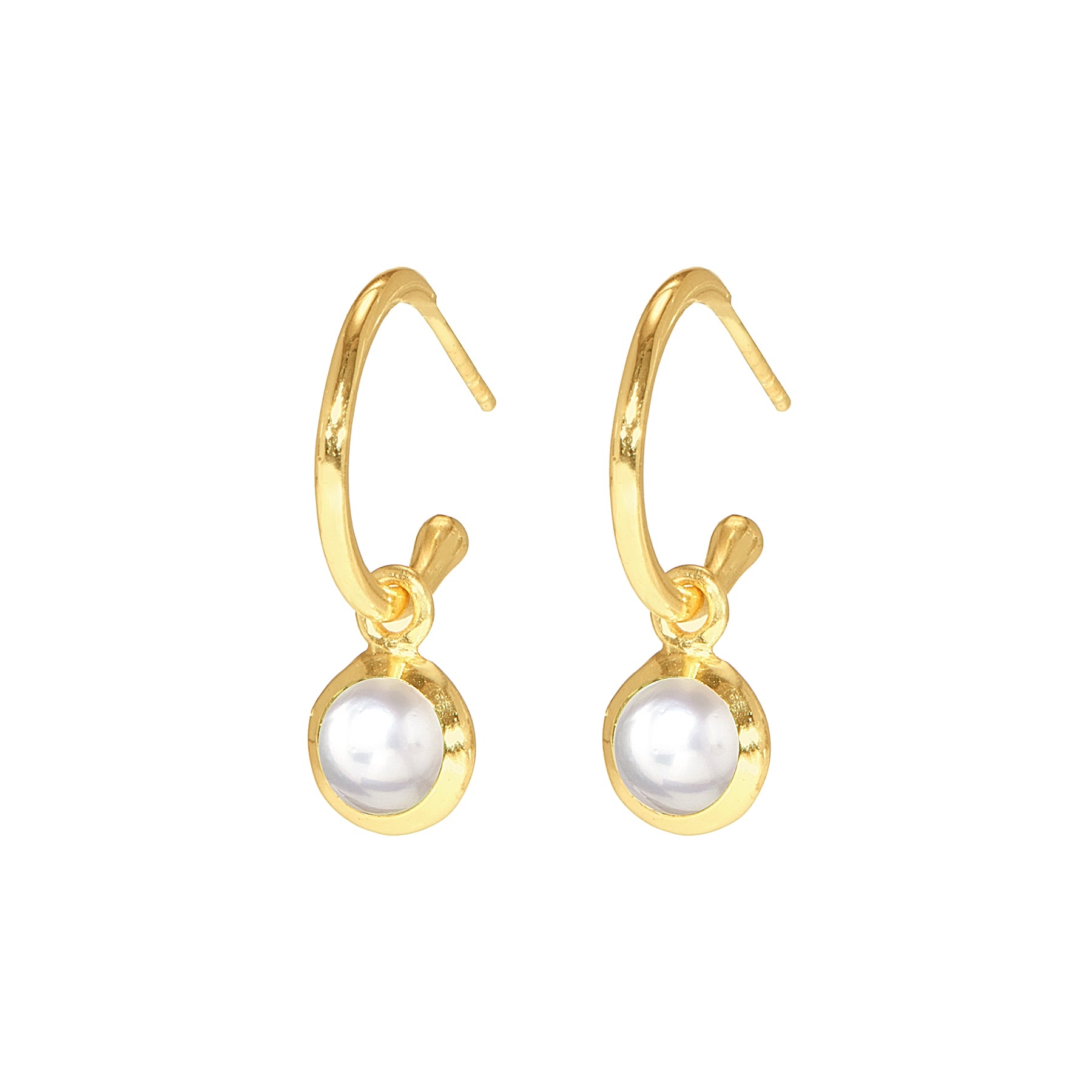 Gold hoop earrings with white pearl round charm