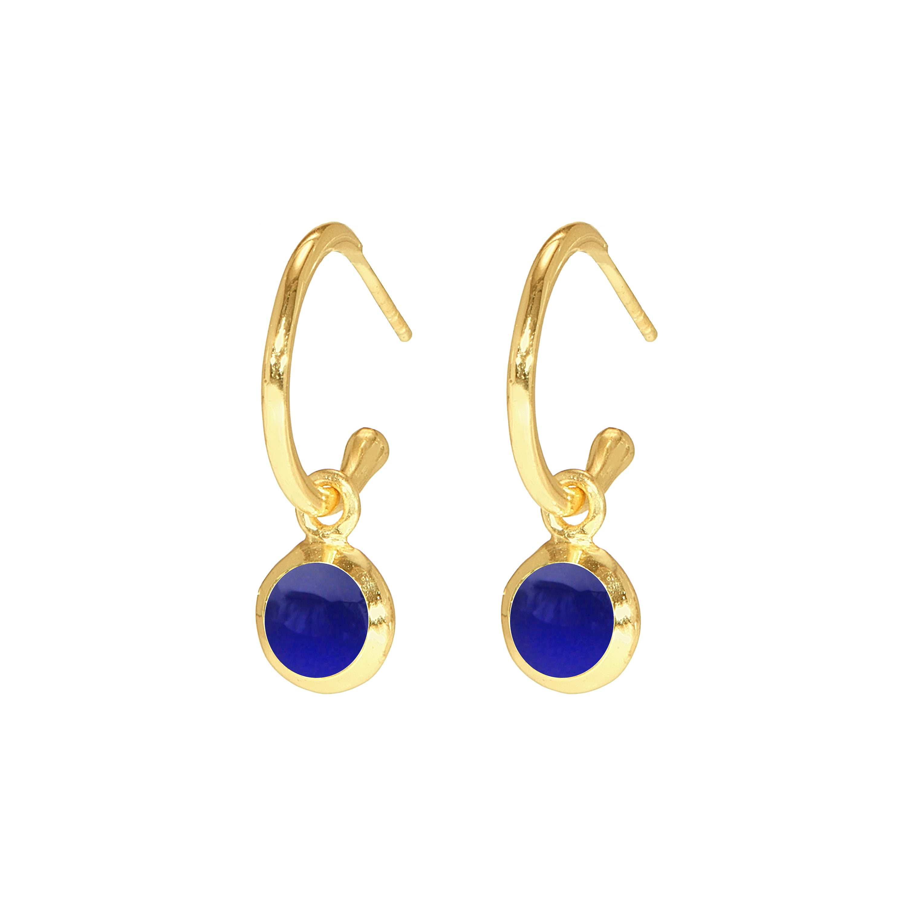 Gold hoop earrings with deep blue gemstone charm – ShopLustre fine earrings