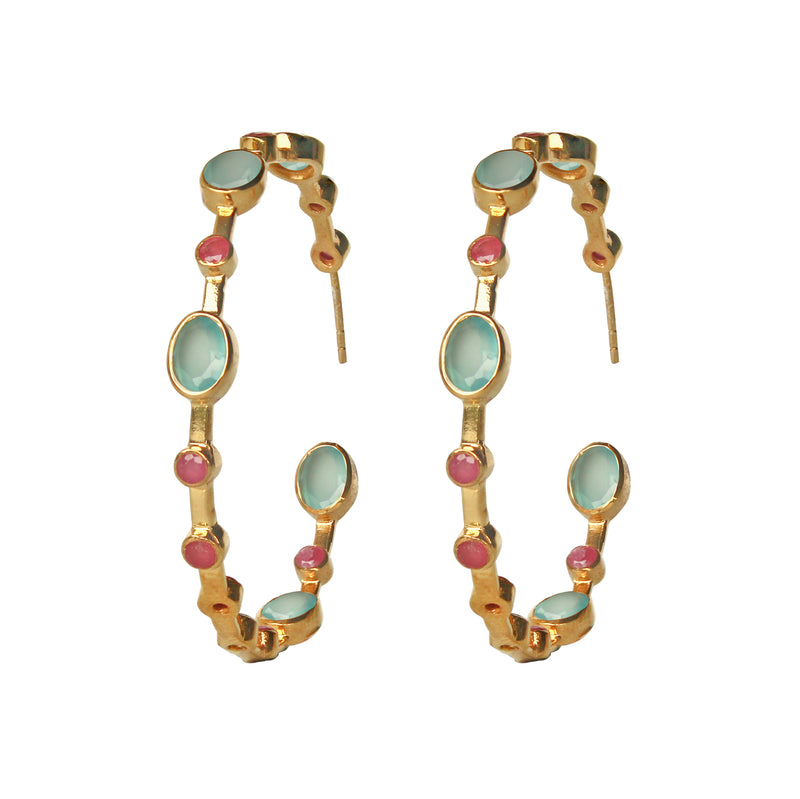 Earrings - Aqua Chalcedony & Ruby Hoops