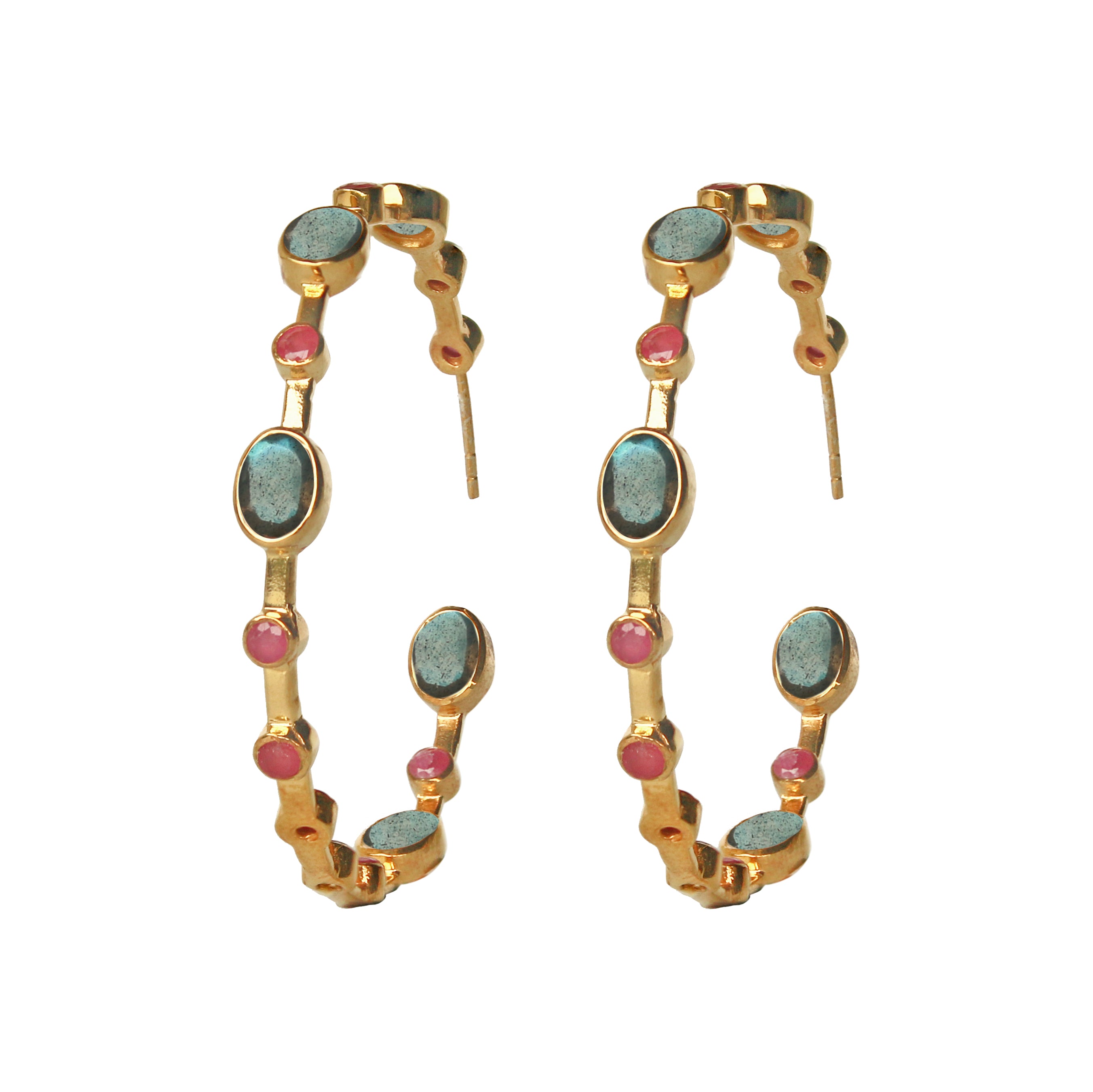 Labradorite and Ruby Hoop Earrings in Labradorite, gold plated, handcrafted gemstone earrings Singapore