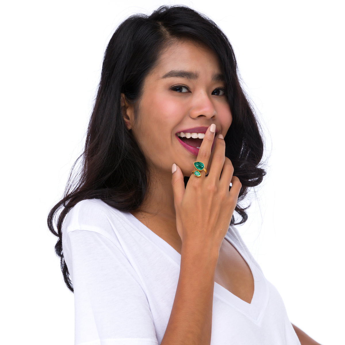 Twist Ring in Malachite & Green Onyx in Malachite, gold plated, handcrafted gemstone rings Singapore
