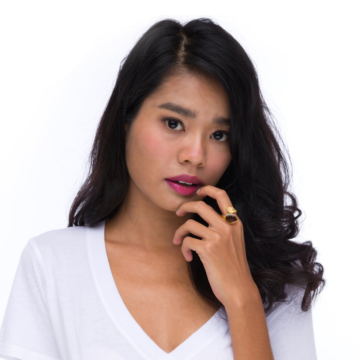 Twist Ring in Smoky Quartz & Citrine in Smoky Quartz, gold plated, handcrafted gemstone rings Singapore