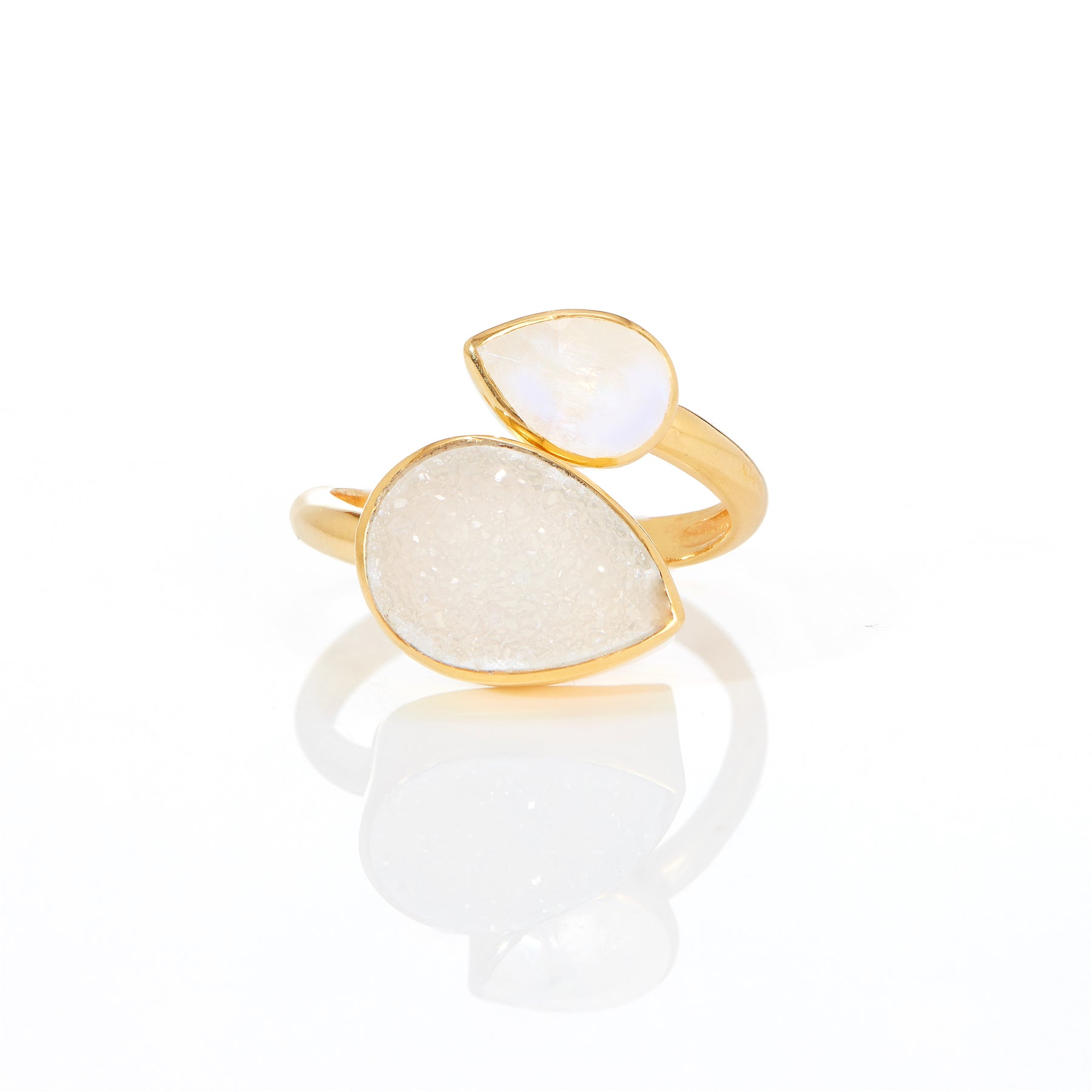 Twist Ring in White Agate Druzy & Moonstone in White Agate, gold plated, handcrafted gemstone rings Singapore