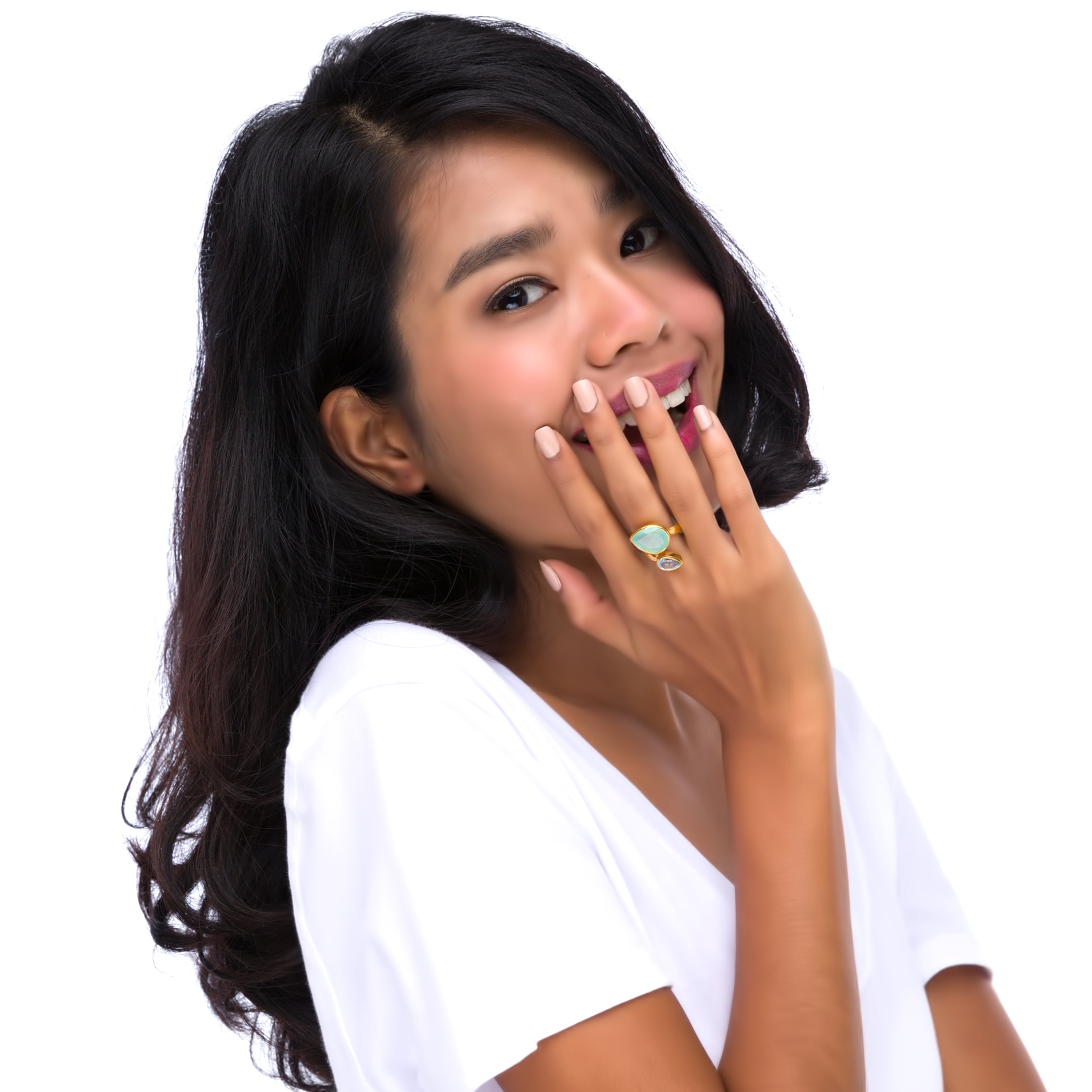 Twist Ring in Aqua Chalcedony & Blue Topaz in Aqua Chalcedony, gold plated, handcrafted gemstone rings Singapore