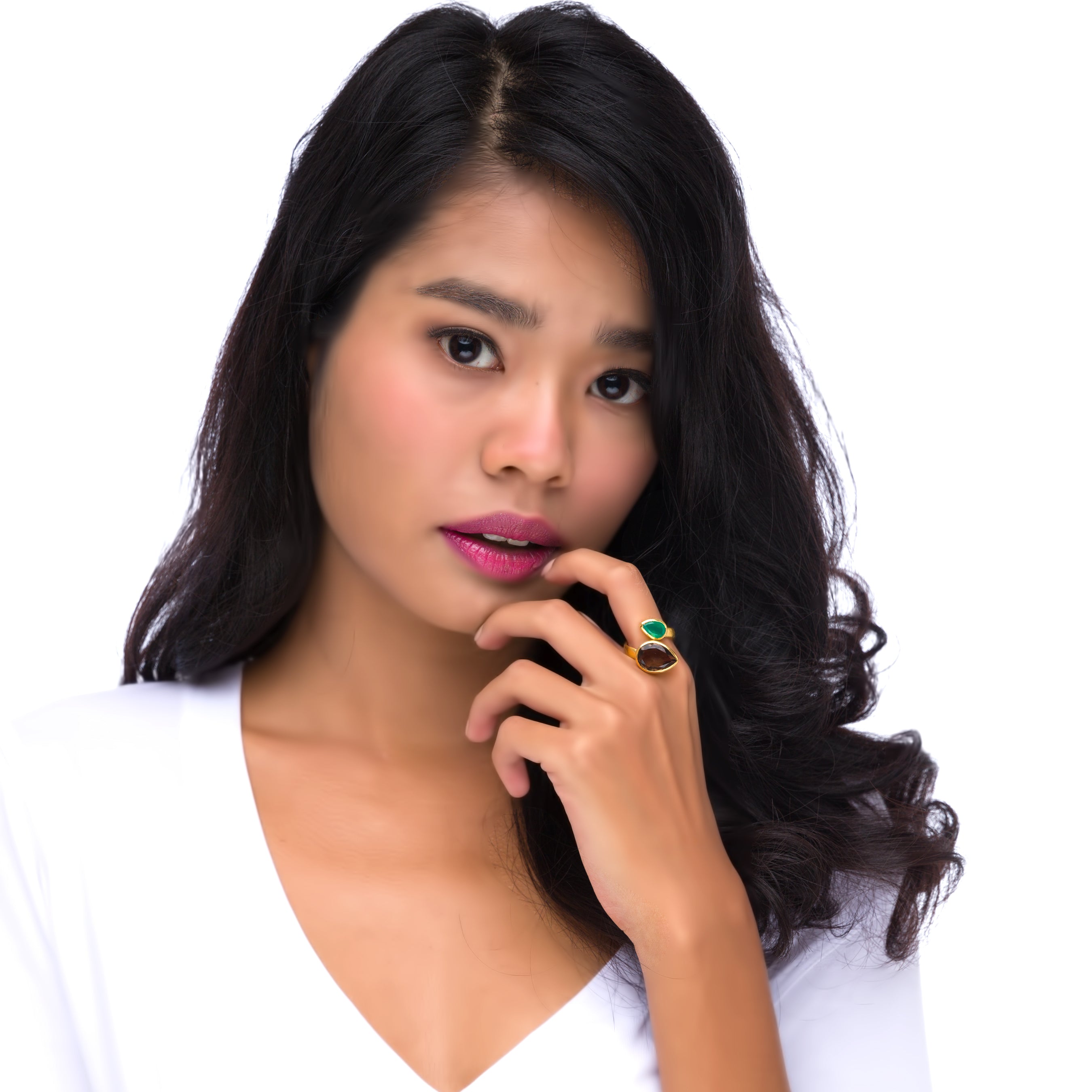 Twist Ring in Smoky Quartz & Green Onyx in Green Onyx, gold plated, handcrafted gemstone rings Singapore
