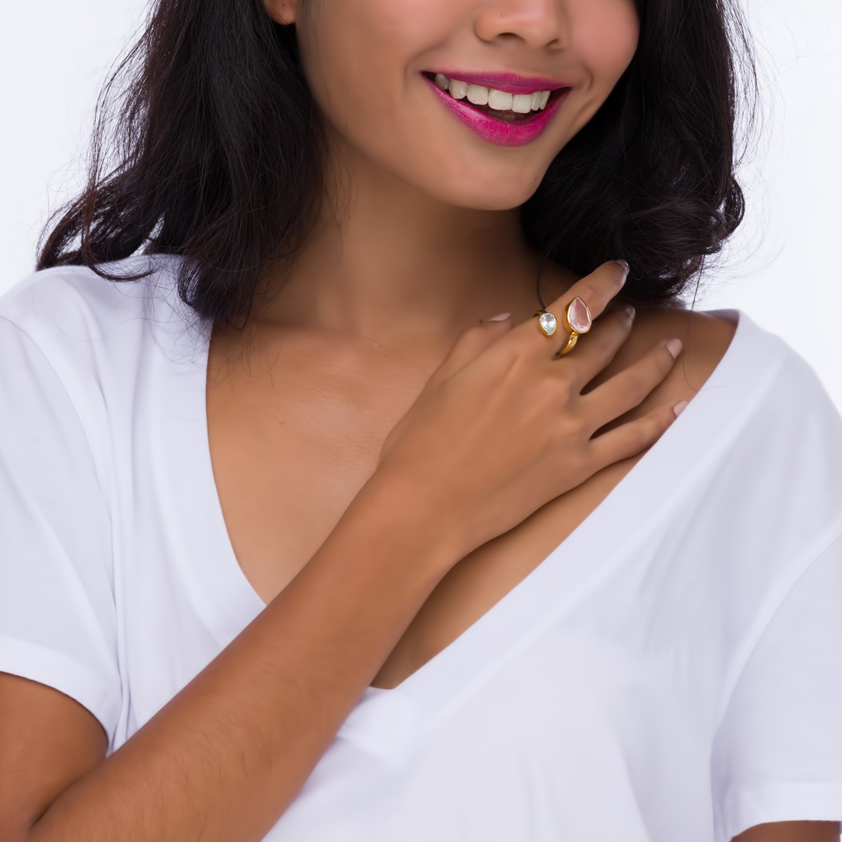 Twist Ring in Rose Quartz & Blue Topaz