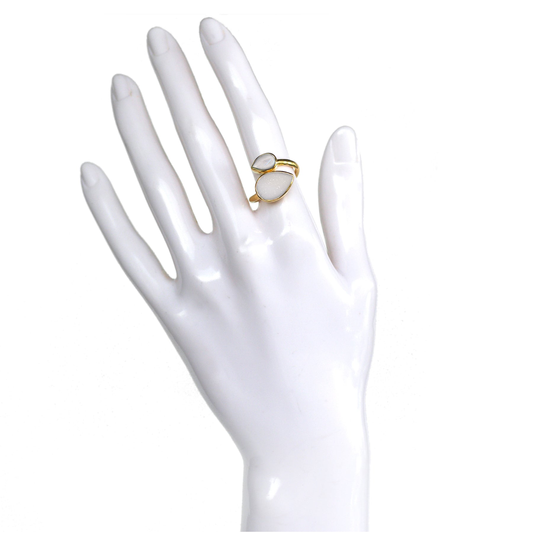 Twist Ring in White Agate Druzy & Moonstone in White Agate, gold plated, handcrafted gemstone rings Singapore