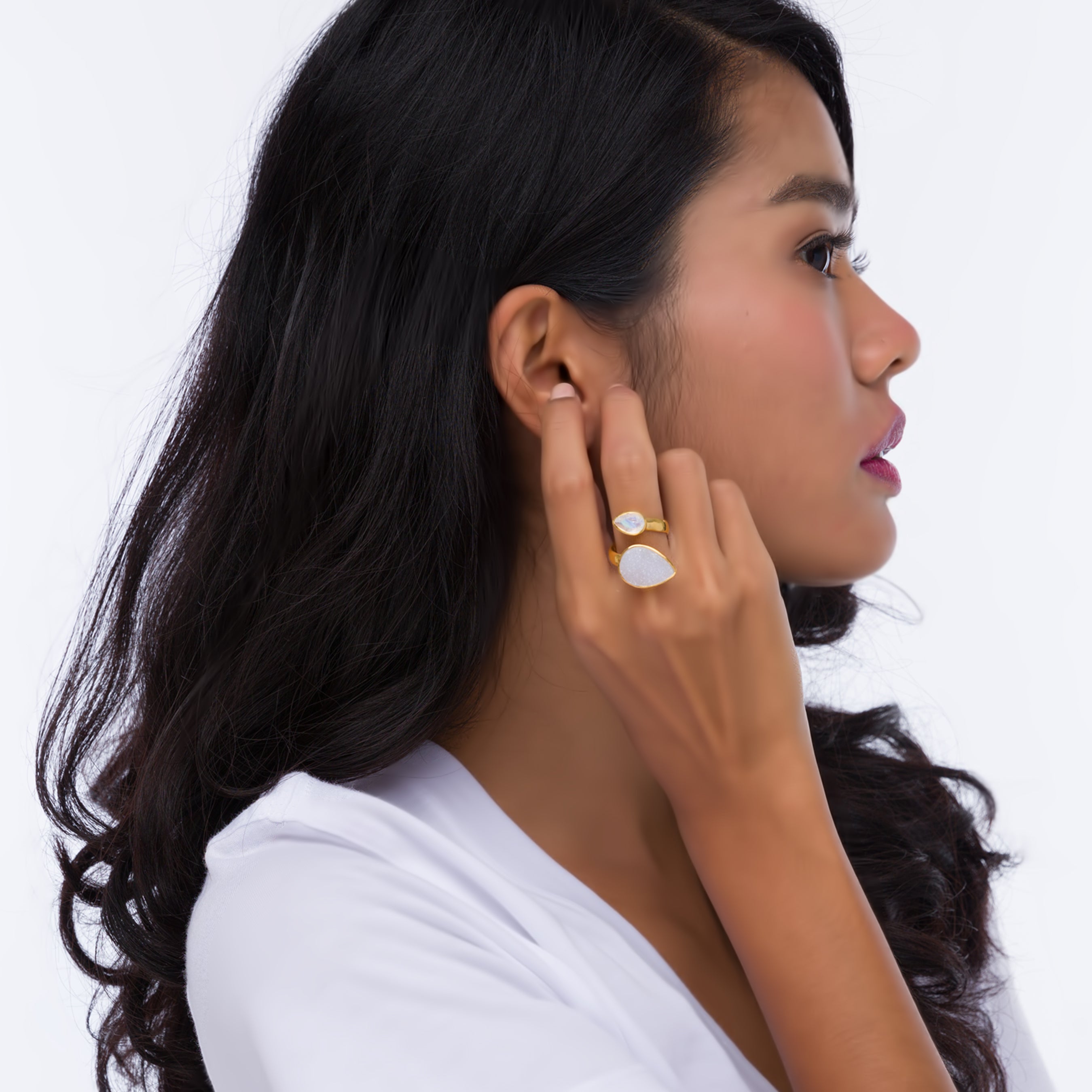 Twist Ring in White Agate Druzy & Moonstone in White Agate, gold plated, handcrafted gemstone rings Singapore