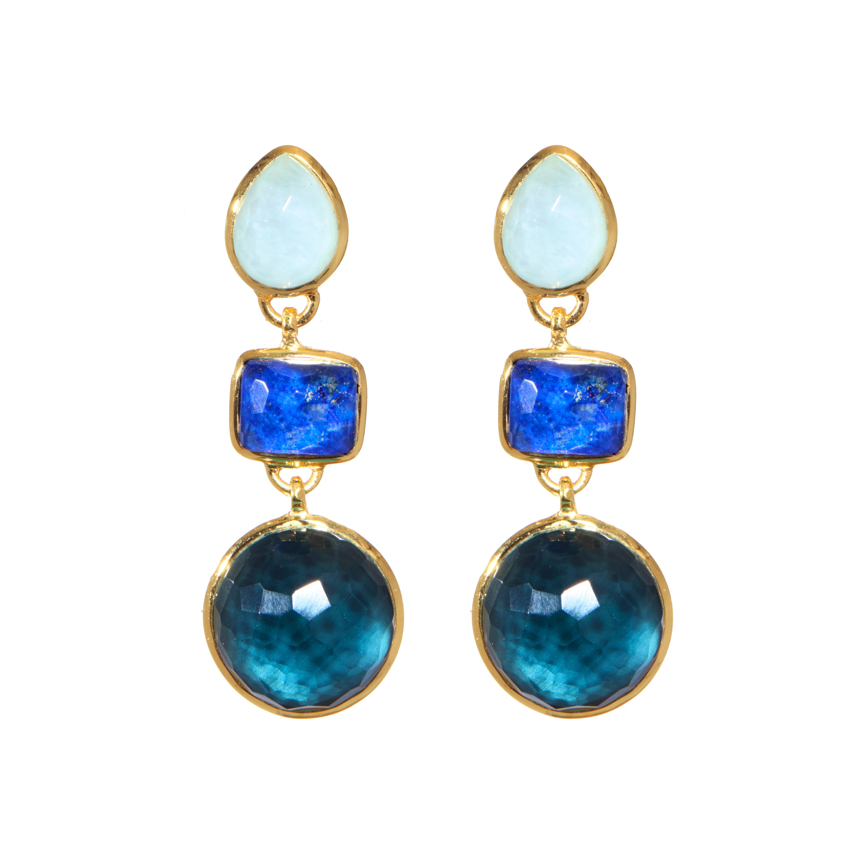 Gumdrop Trio Earrings in Amazonite, Lapis Lazuli & Hematite in Amazonite, gold plated, handcrafted gemstone earrings Singapore