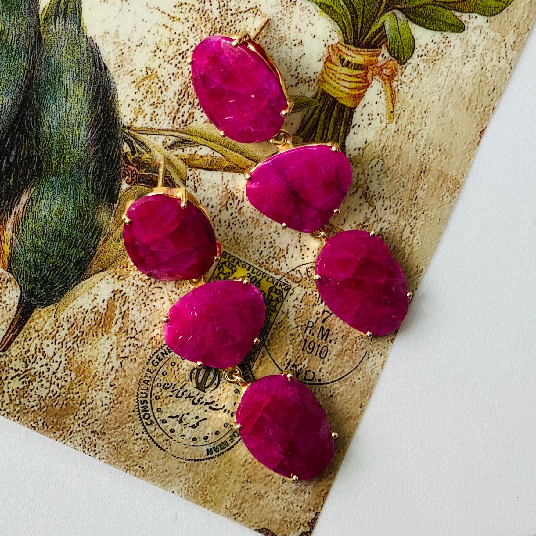 Ruby Trio Drop Earrings in Ruby, gold plated, handcrafted gemstone earrings Singapore