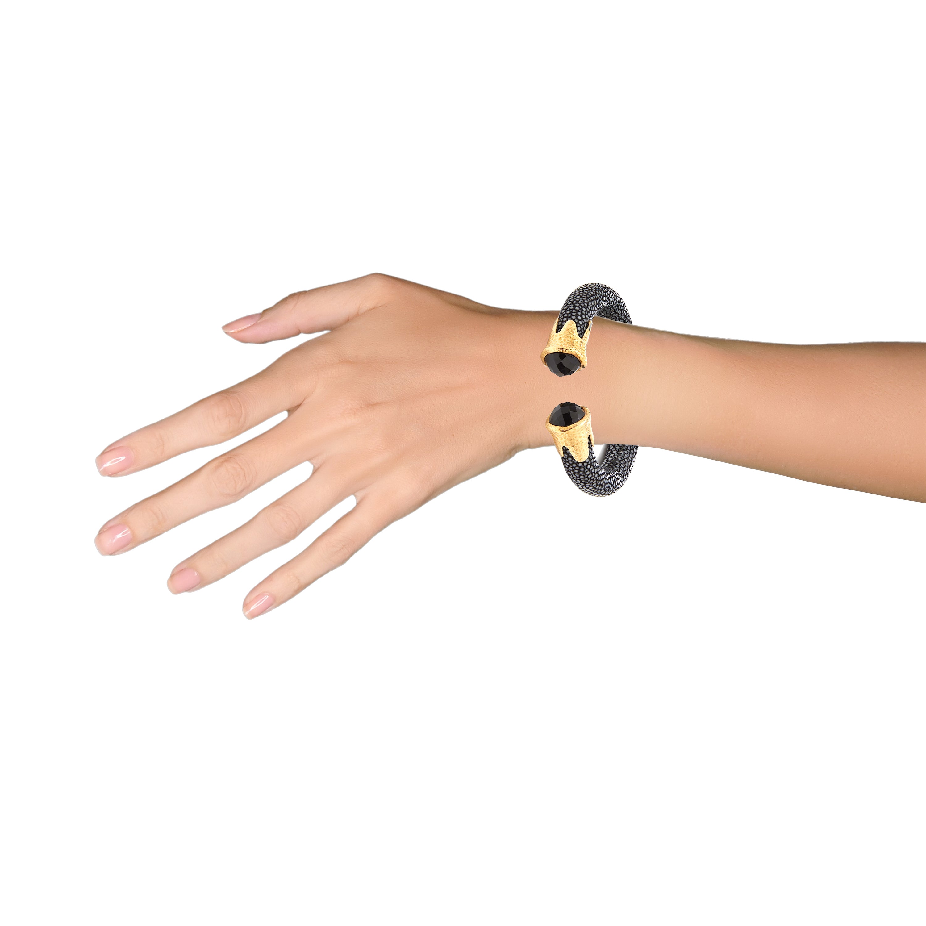 Black Stingray Leather Cuff with Black Onyx in Black Onyx, gold plated, handcrafted gemstone bracelets Singapore