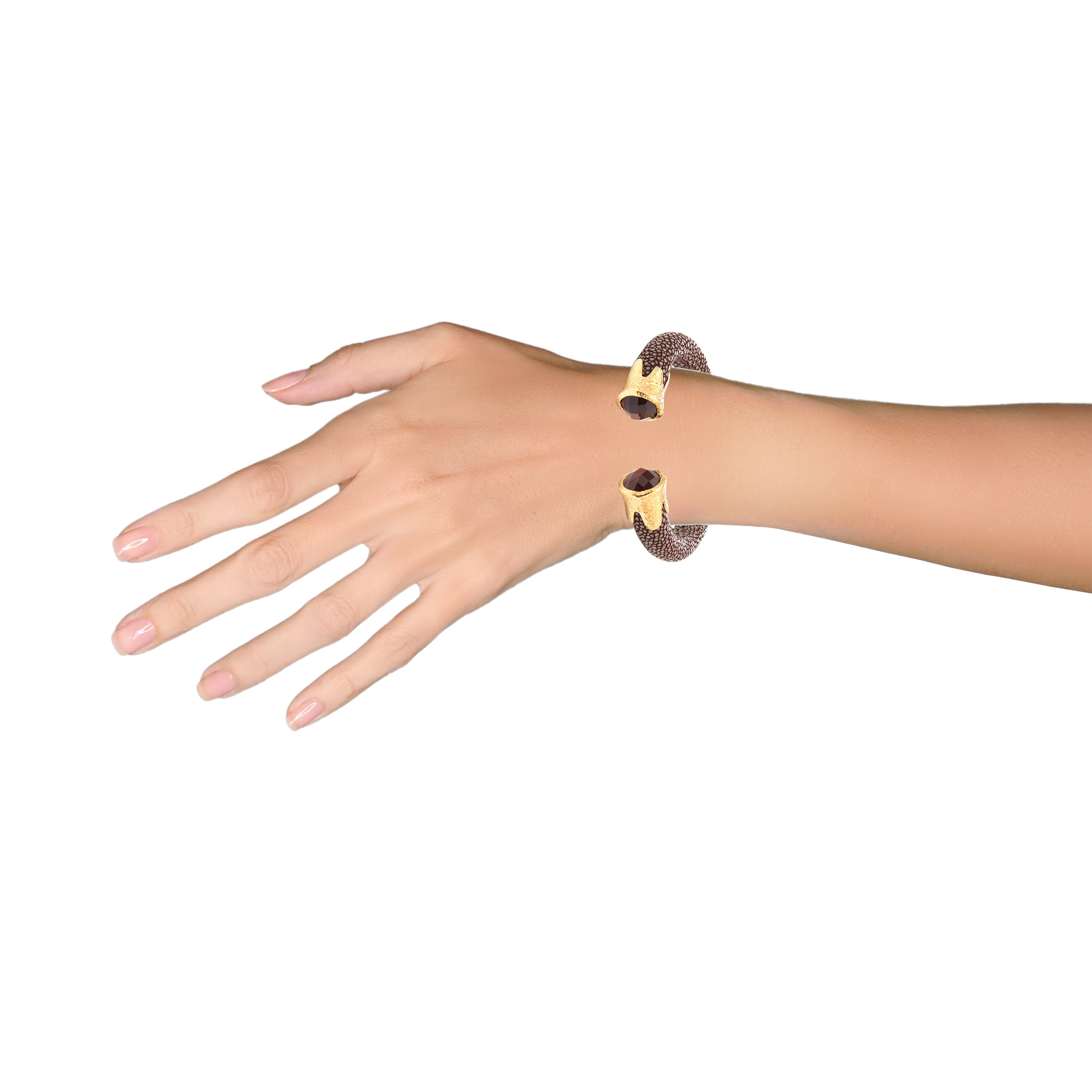 Chocolate Stingray Leather Cuff with Tiger's Eye in Tiger's Eye, gold plated, handcrafted gemstone bracelets Singapore