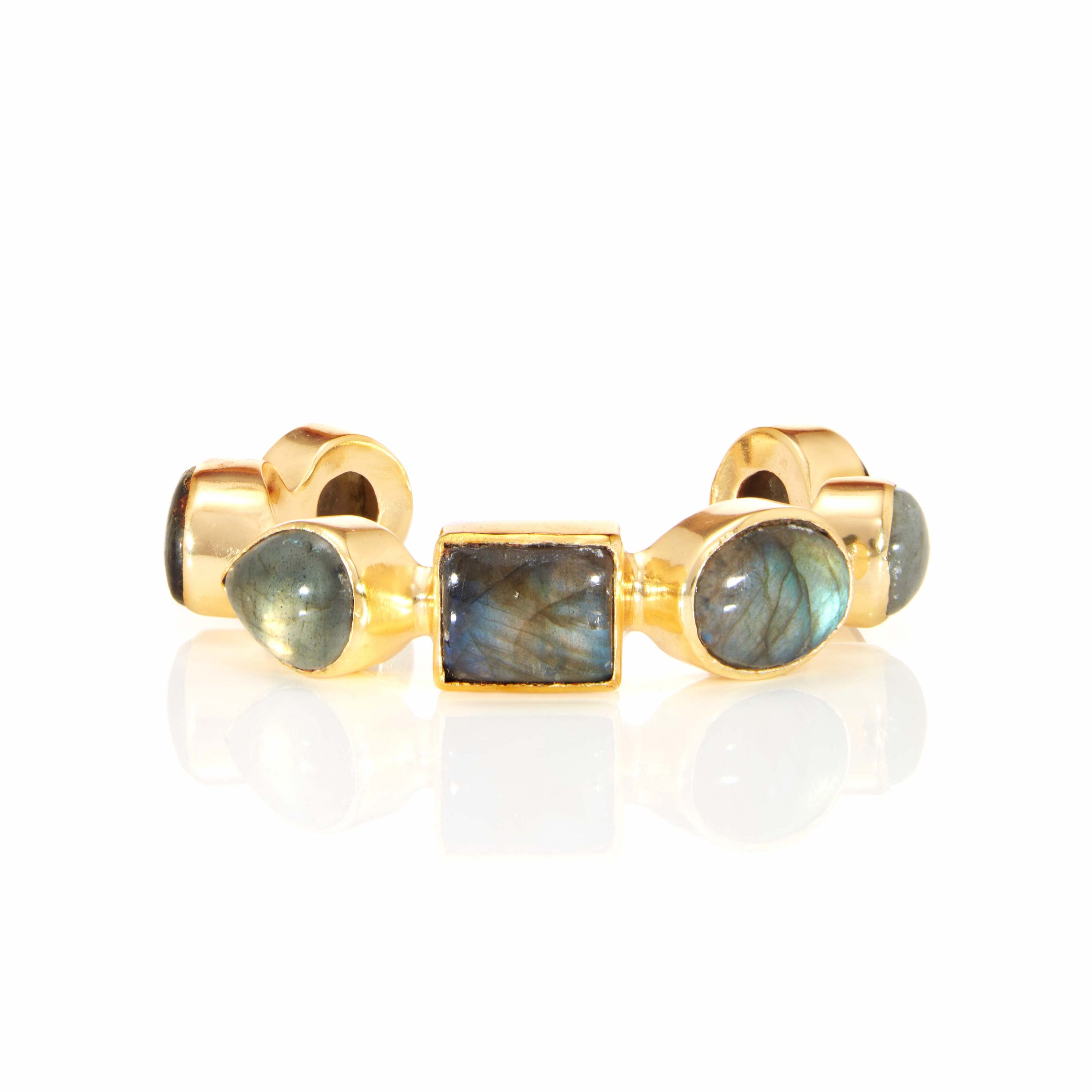 Gold gemstone ring with labradorite stones in polished gold setting