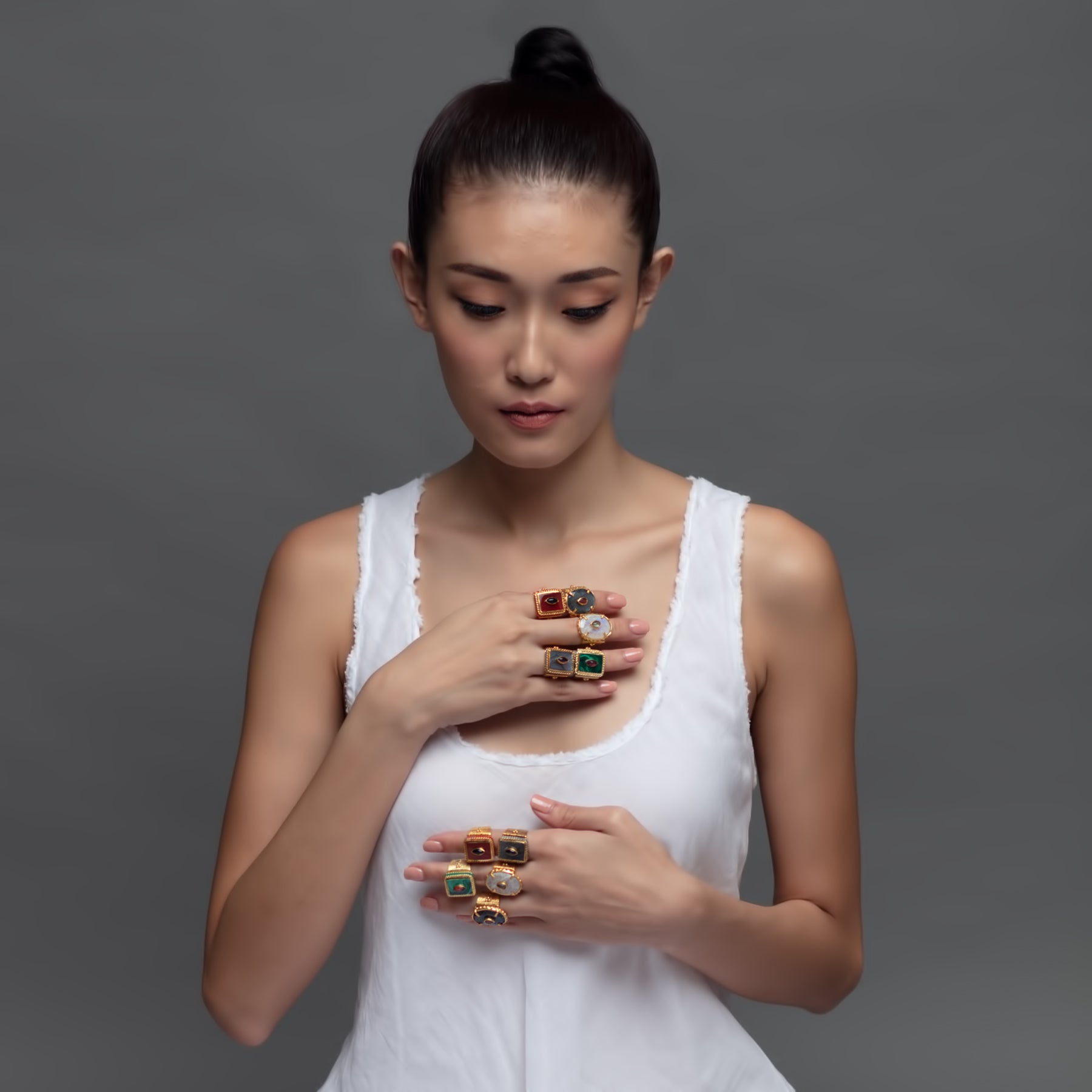 Shanti Rectangle Ring in Labradorite in Labradorite, gold plated, handcrafted gemstone rings Singapore