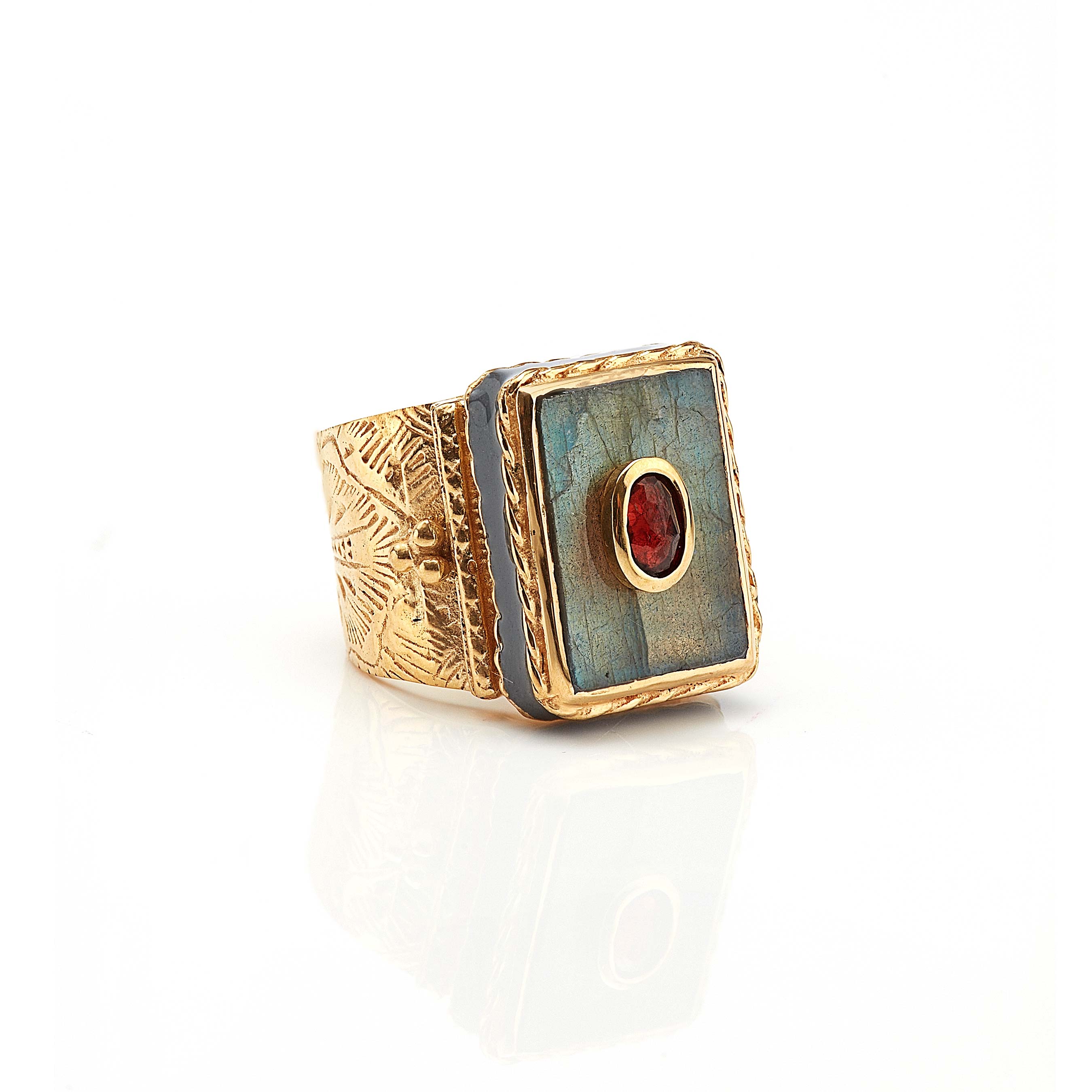 Shanti Rectangle Ring in Labradorite in Labradorite, gold plated, handcrafted gemstone rings Singapore