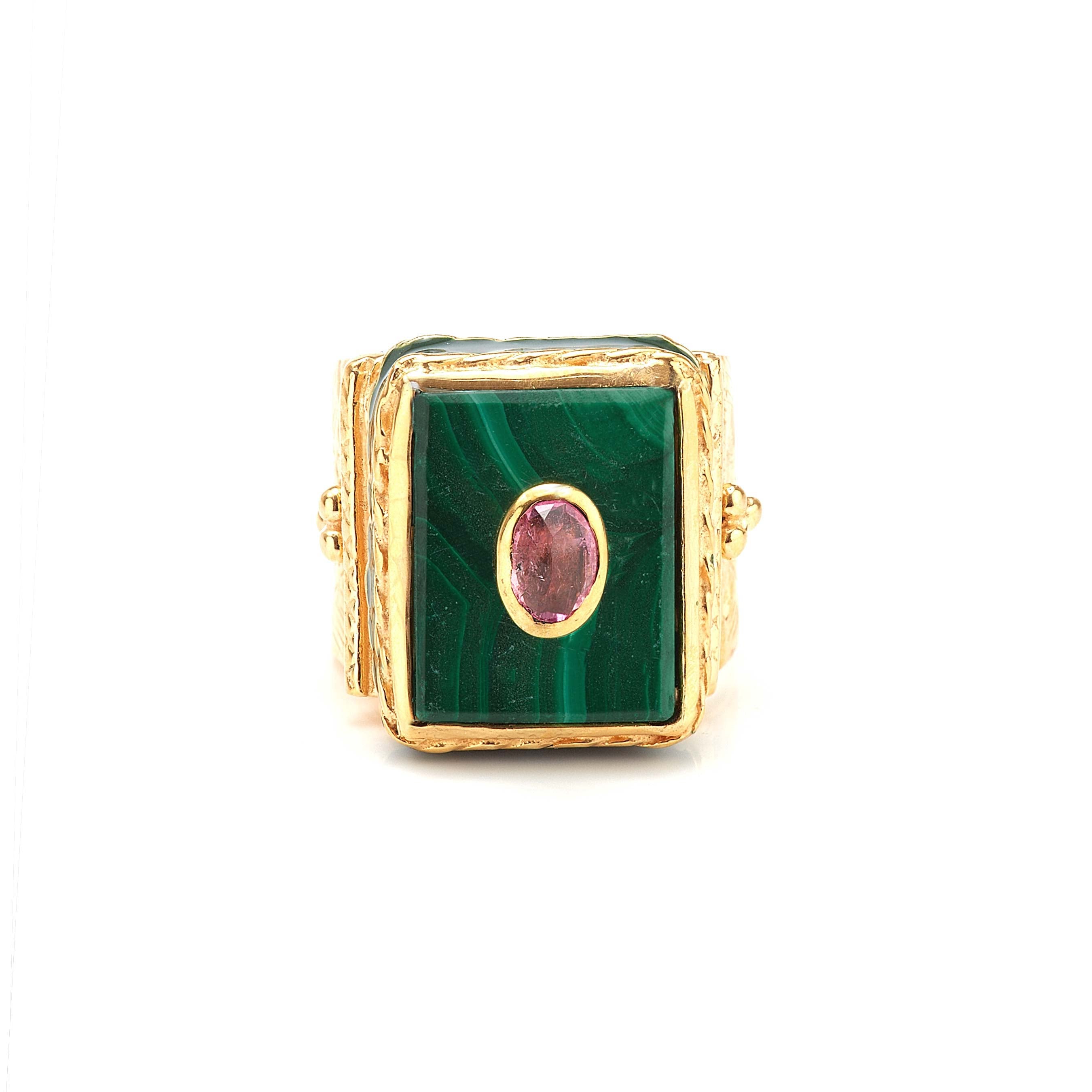 Shanti Rectangle Ring in Malachite in Malachite, gold plated, handcrafted gemstone rings Singapore