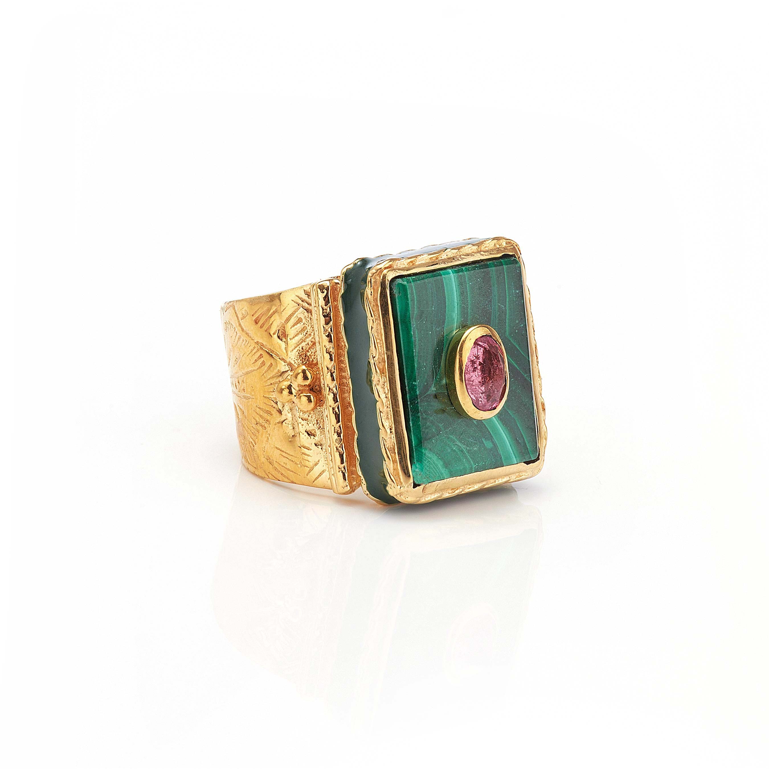 Shanti Rectangle Ring in Malachite in Malachite, gold plated, handcrafted gemstone rings Singapore