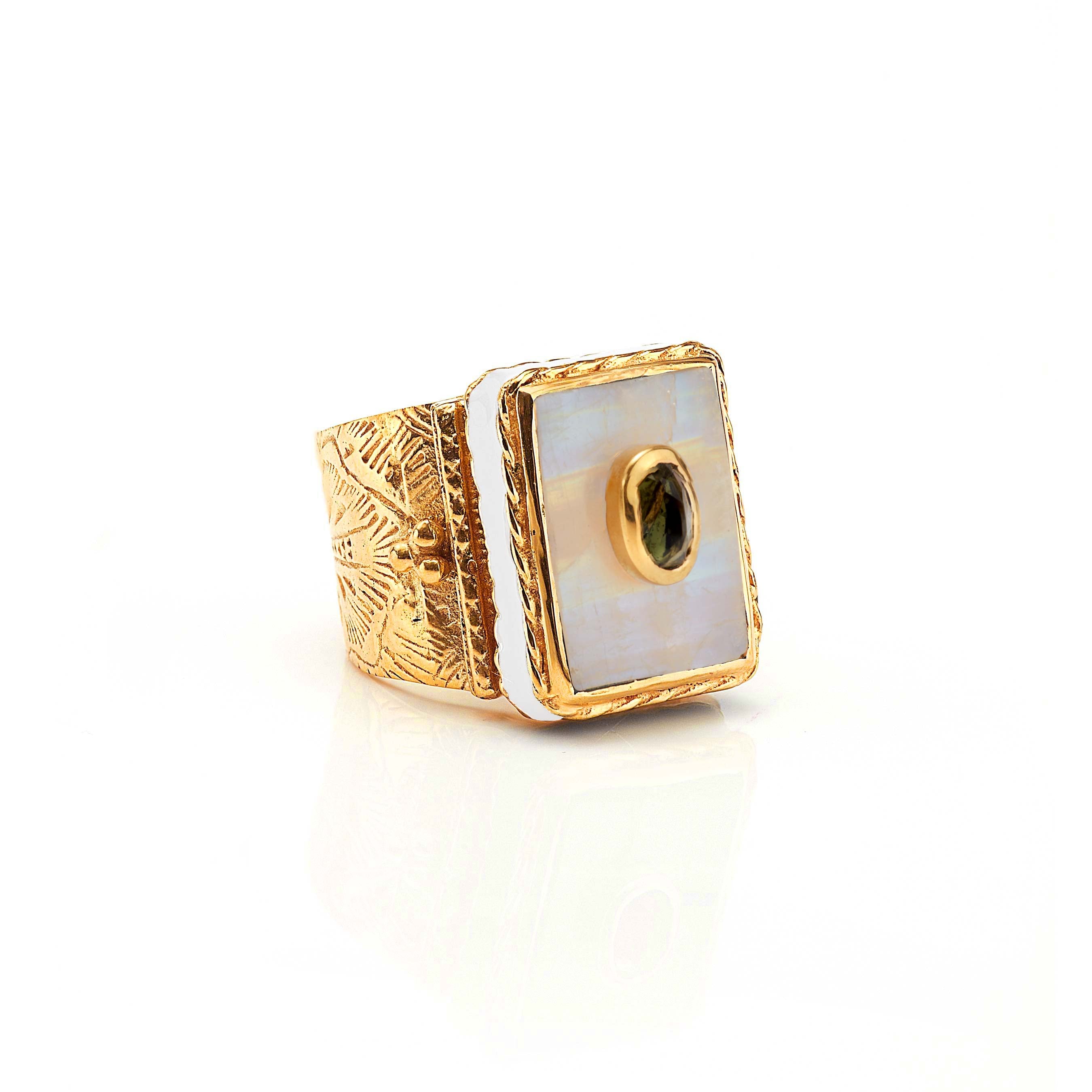 Shanti Rectangle Ring in Moonstone in Moonstone, gold plated, handcrafted gemstone rings Singapore