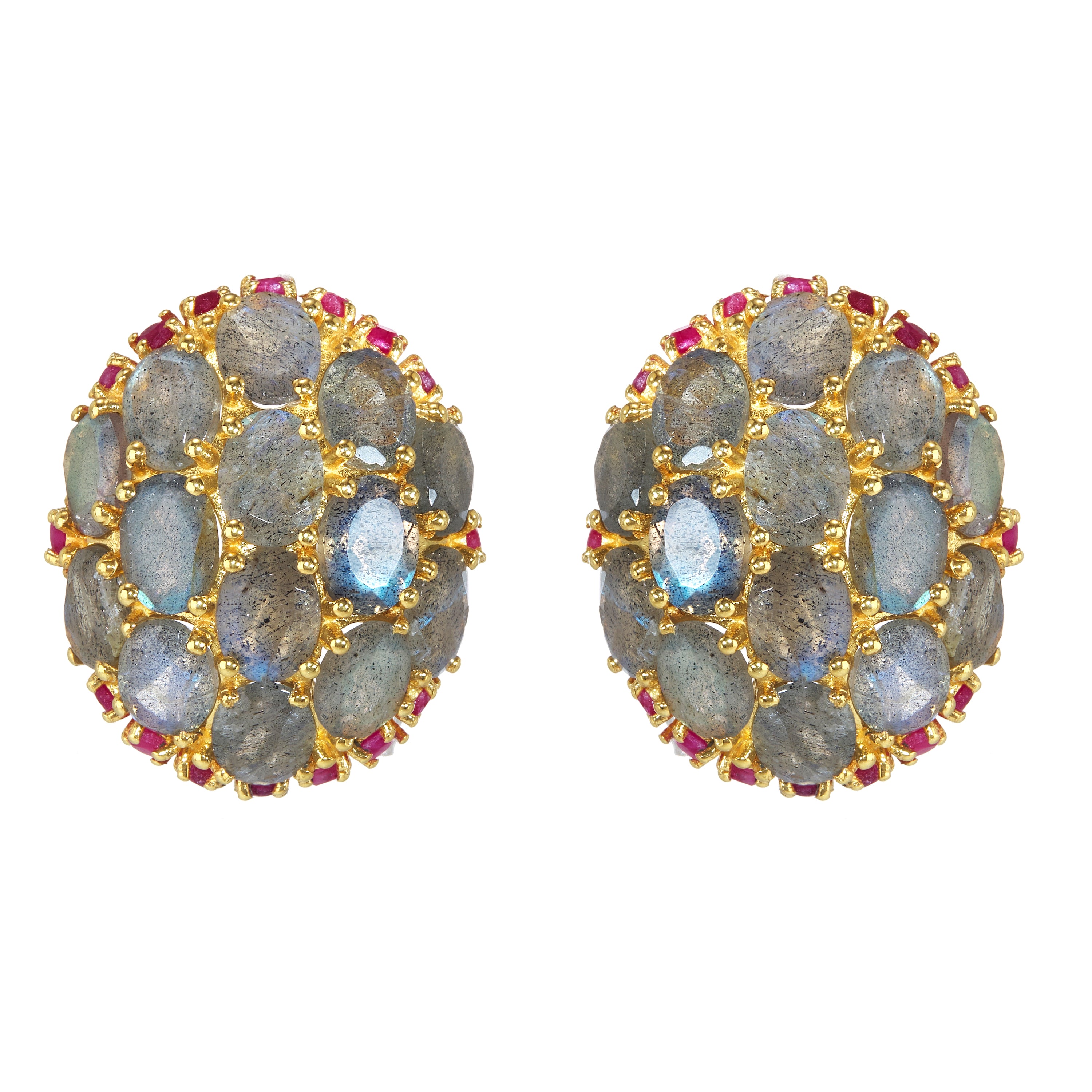 Labradorite and Ruby Globe Earrings in Labradorite, gold plated, handcrafted gemstone earrings Singapore