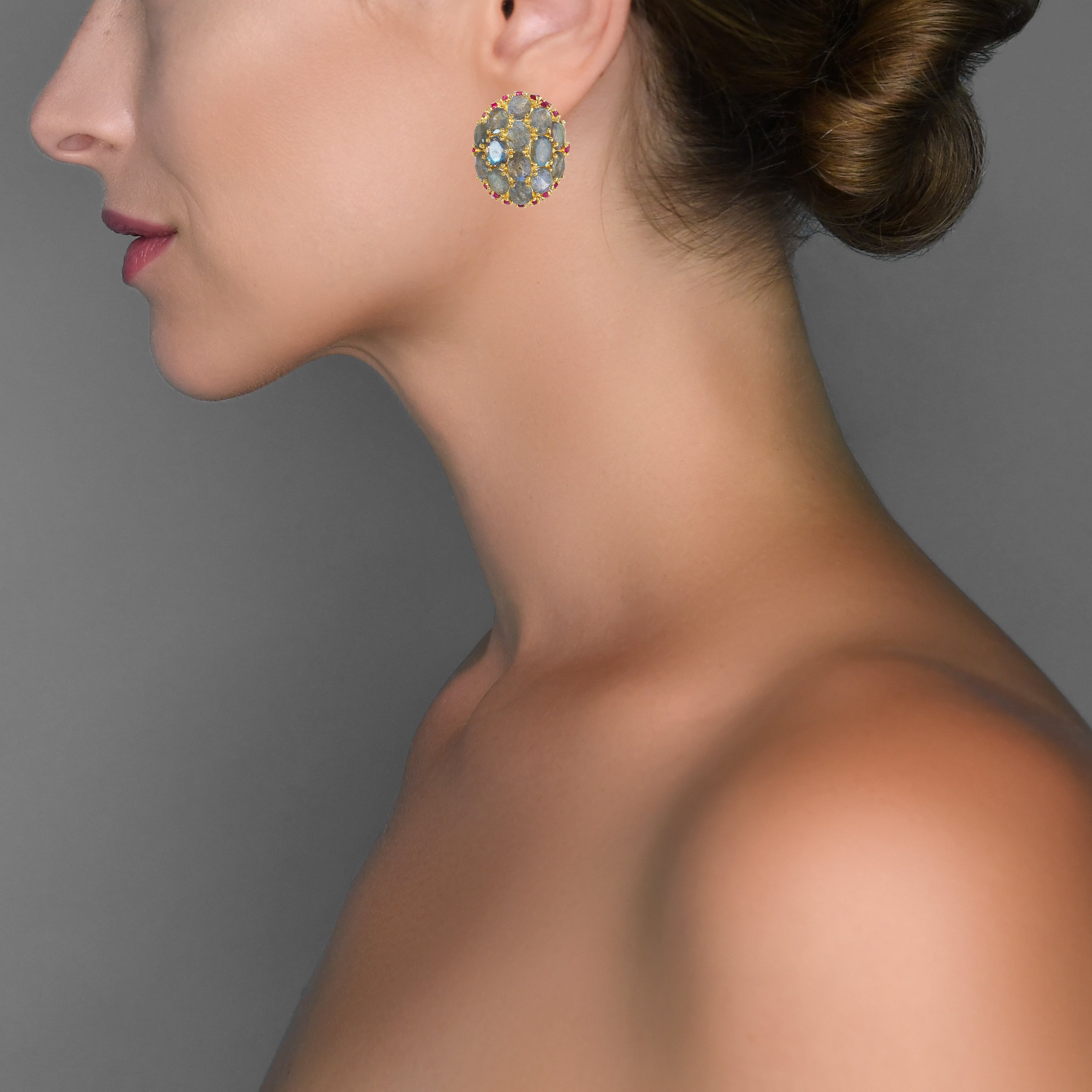 Labradorite and Ruby Globe Earrings in Labradorite, gold plated, handcrafted gemstone earrings Singapore