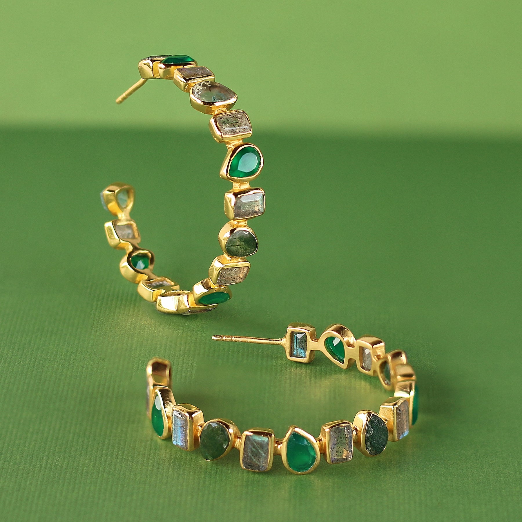 Mixed Hoops in Greens in Moss Agate, gold plated, handcrafted gemstone earrings Singapore