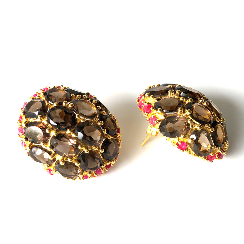 Earrings - Smoky Quartz & Ruby Globes