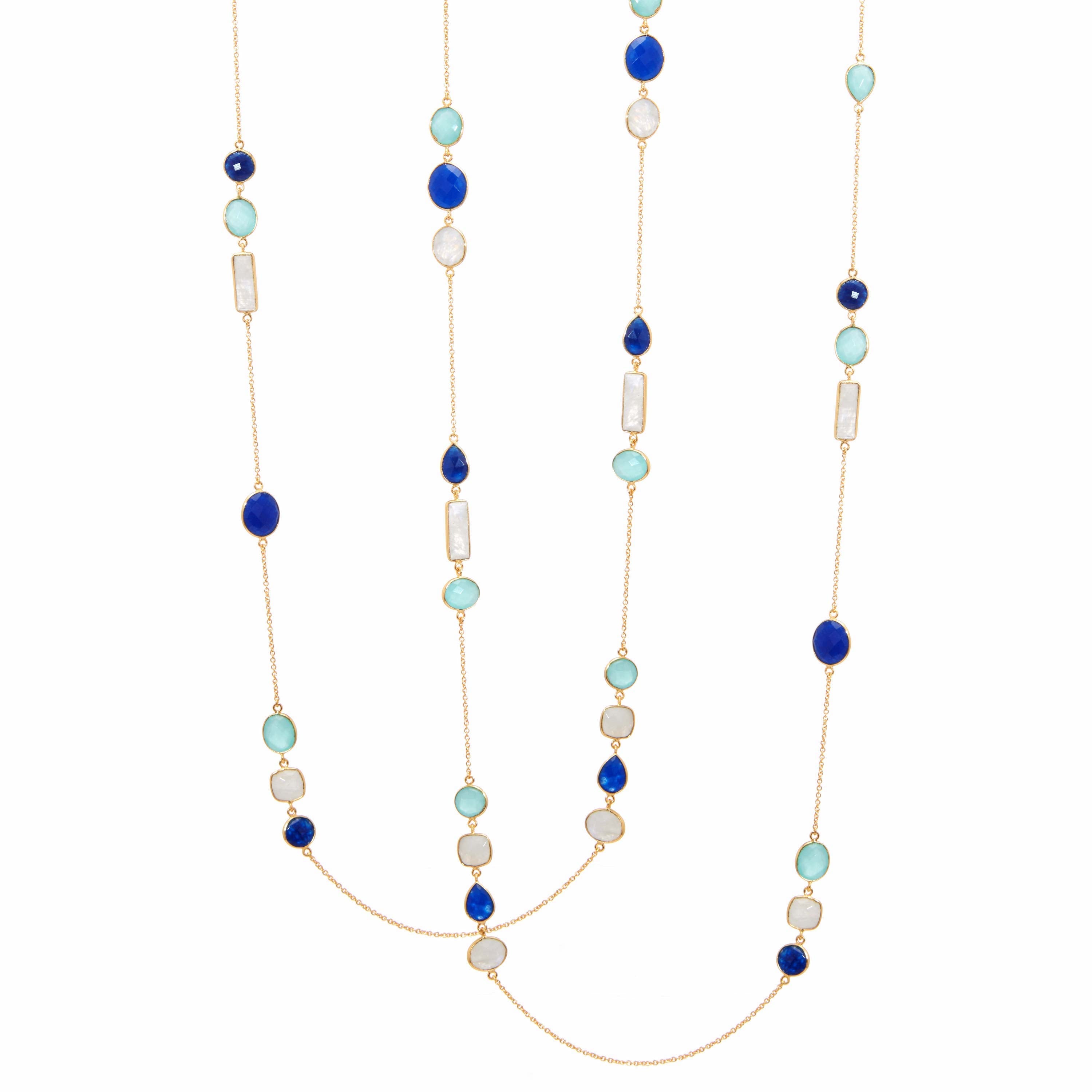 Necklace in Aqua & Blue Chalcedony & Rainbow Moonstone in Aqua Chalcedony, gold plated, handcrafted gemstone necklace Singapore