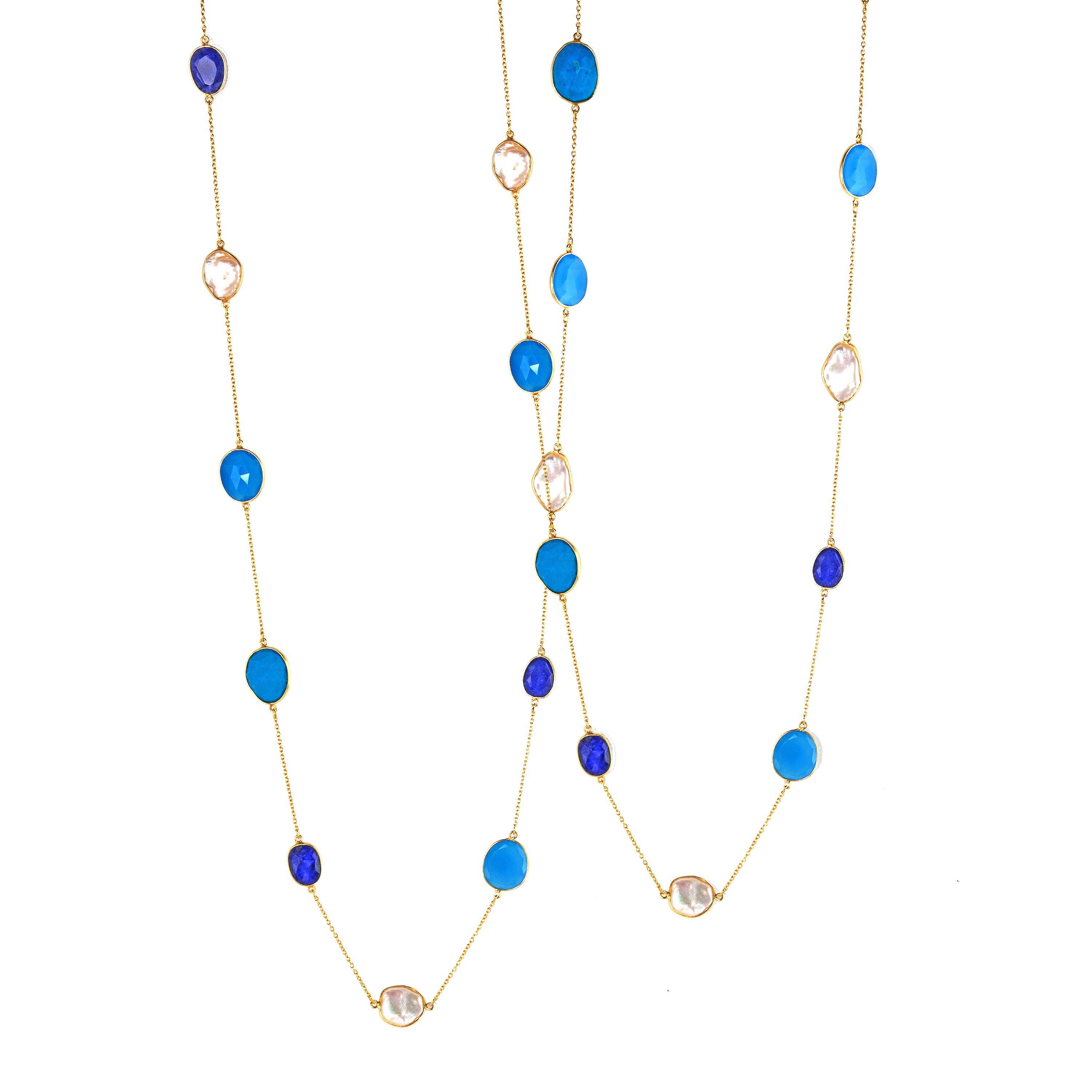 Necklace in Chalcedony, Lapis Lazuli, Pearl & Turquoise in Blue Chalcedony, gold plated, handcrafted gemstone necklace Singapore